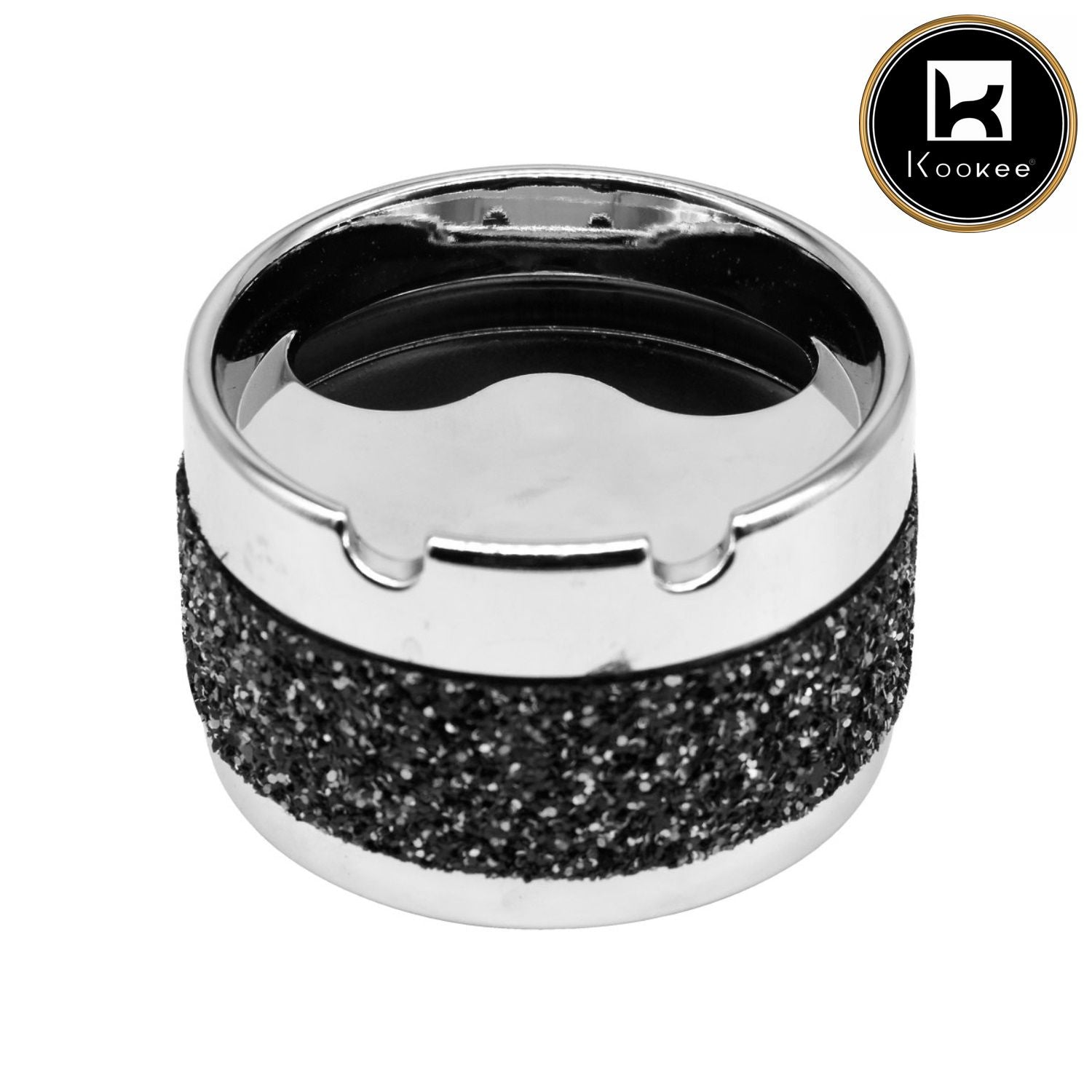 Smokeless Metal Tin Ashtray Rotating Lid, Round, Black / Silver Glitter