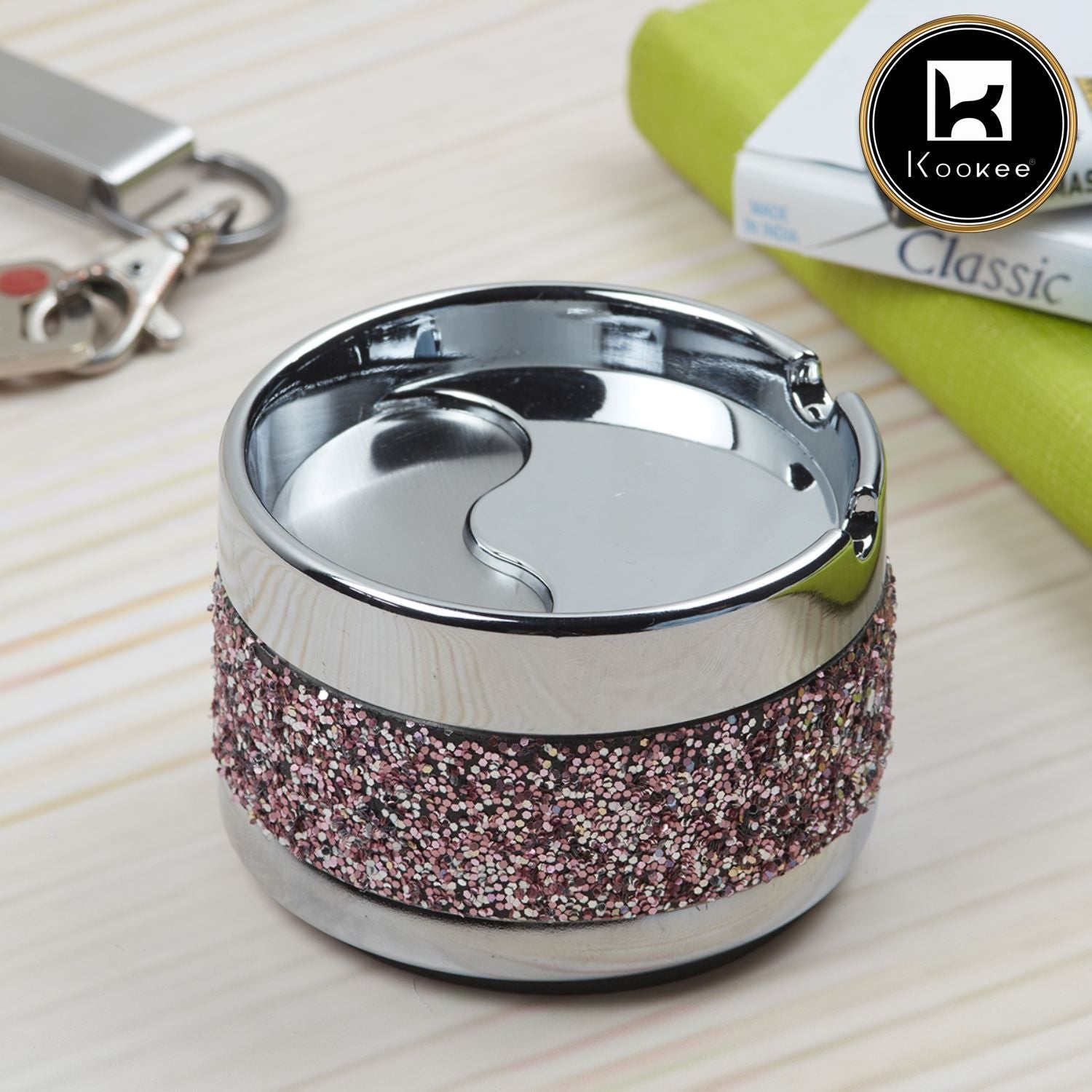 Smokeless Metal Tin Ashtray Rotating Lid, Round, Pink / Silver Glitter