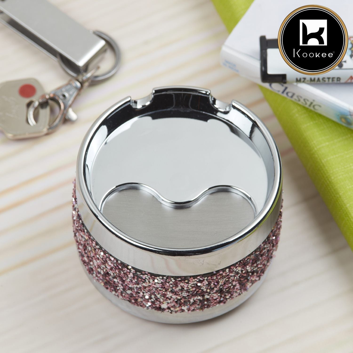 Smokeless Metal Tin Ashtray Rotating Lid, Round, Pink / Silver Glitter