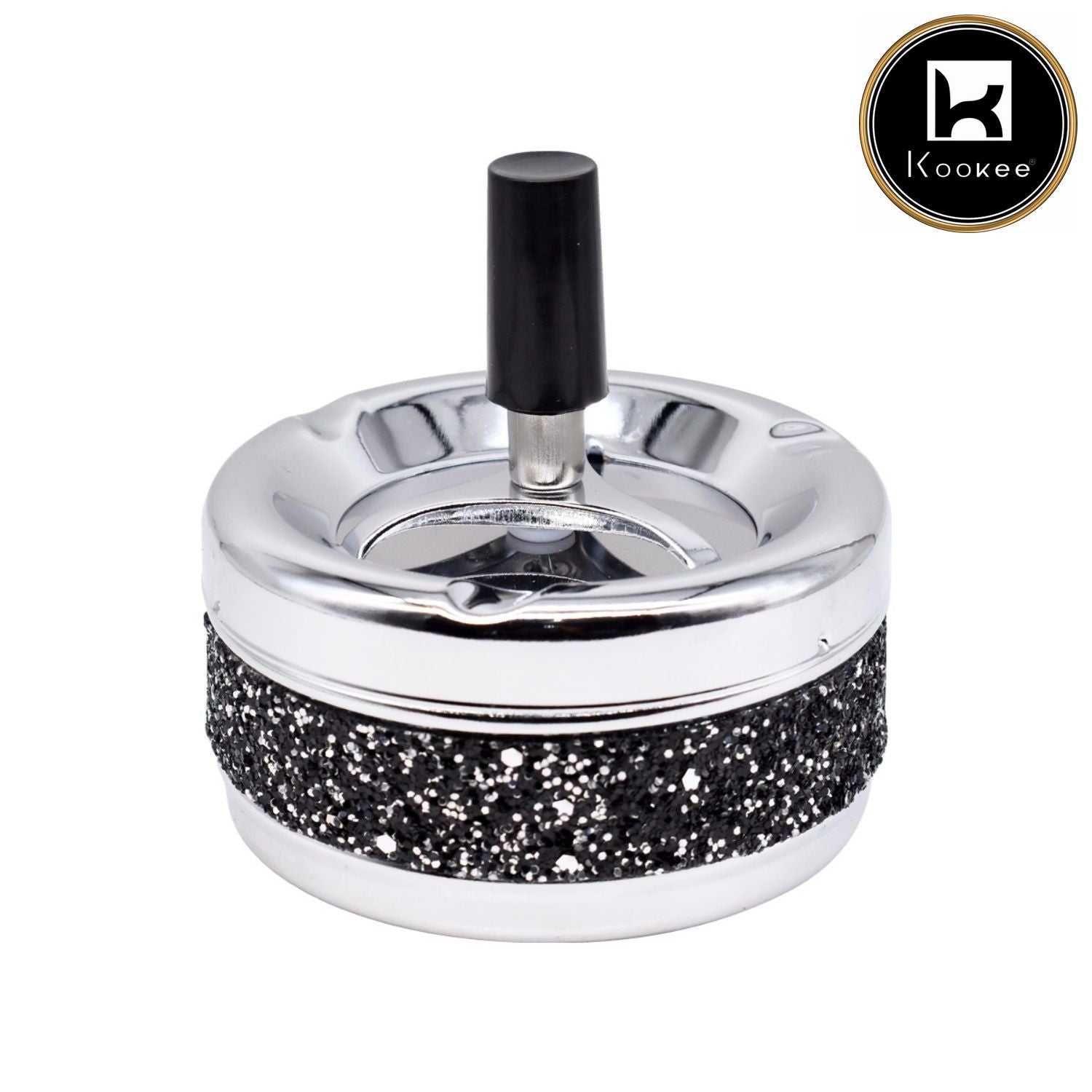 Smokeless Metal Tin Push Down Ashtray, Round, Black / Silver Glitter