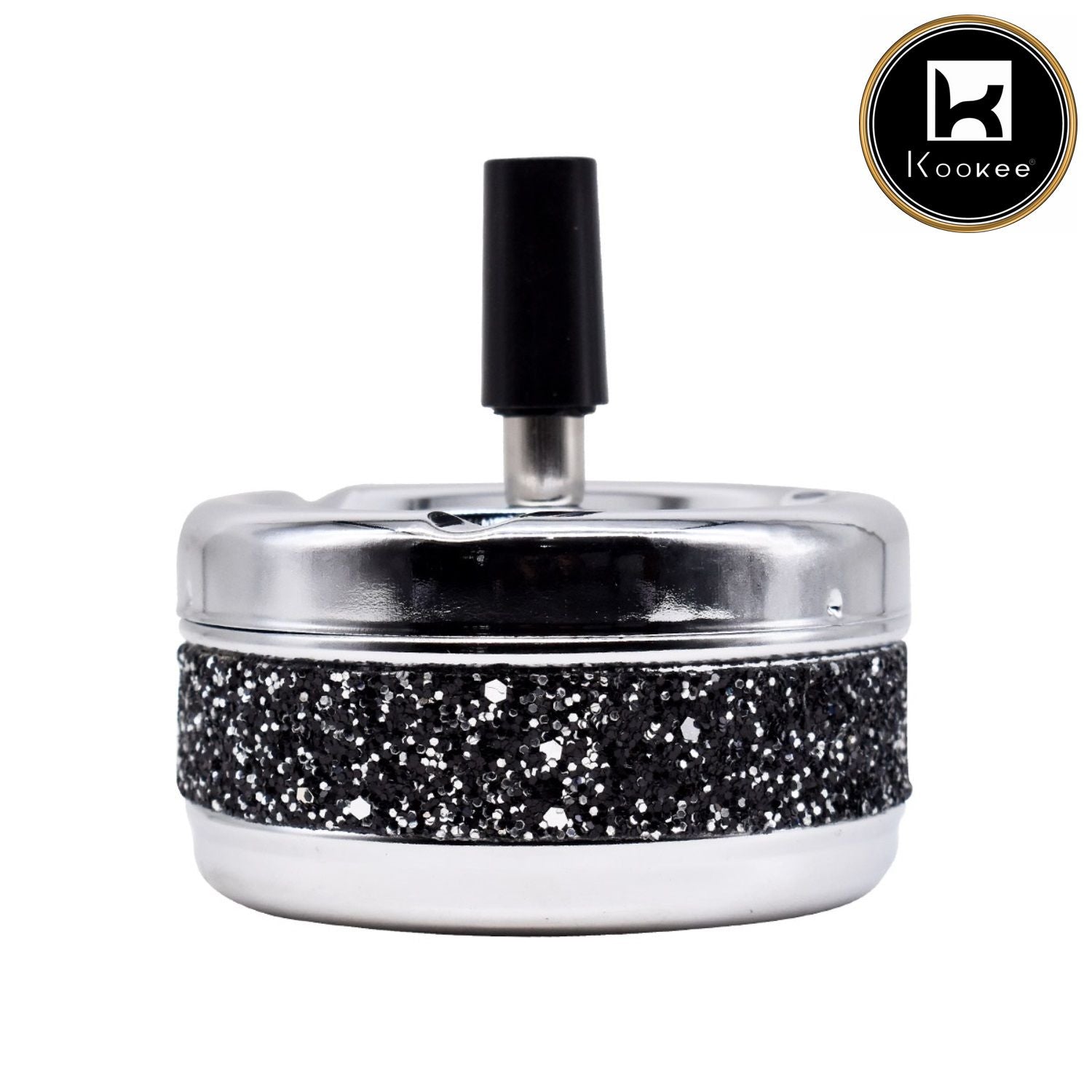 Smokeless Metal Tin Push Down Ashtray, Round, Black / Silver Glitter