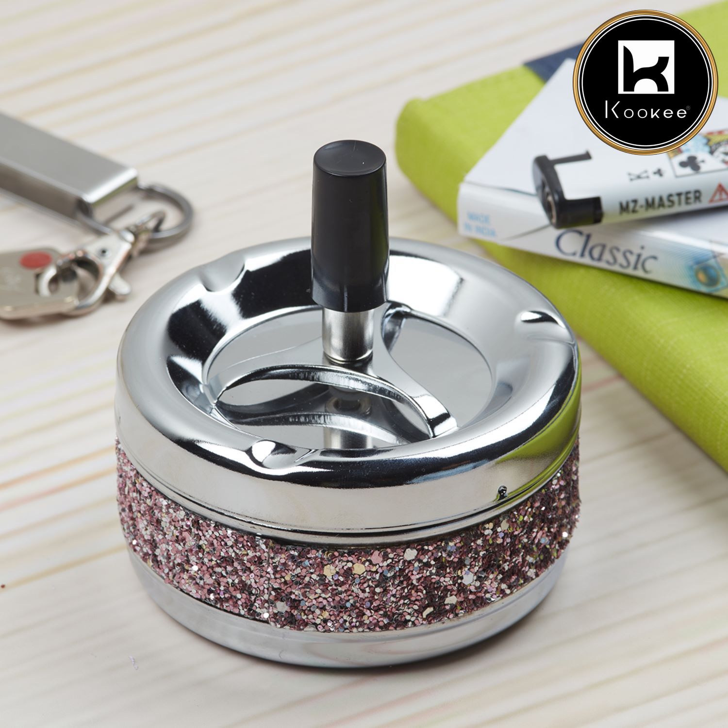 Smokeless Metal Tin Push Down Ashtray, Round, Pink / Silver Glitter