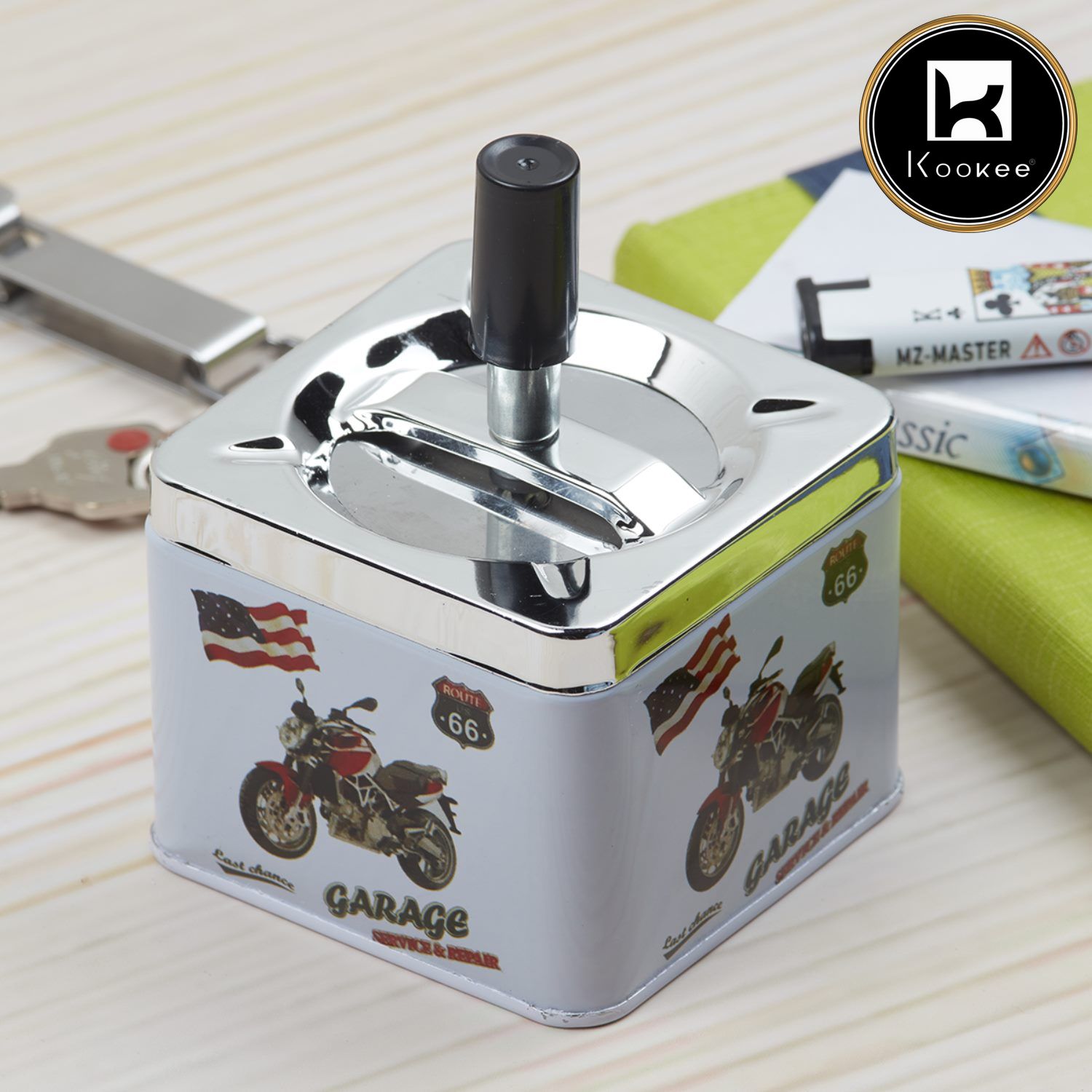 Kookee Smokeless Metal Tin Push Down Ashtray, Square, Garage Service & Repair