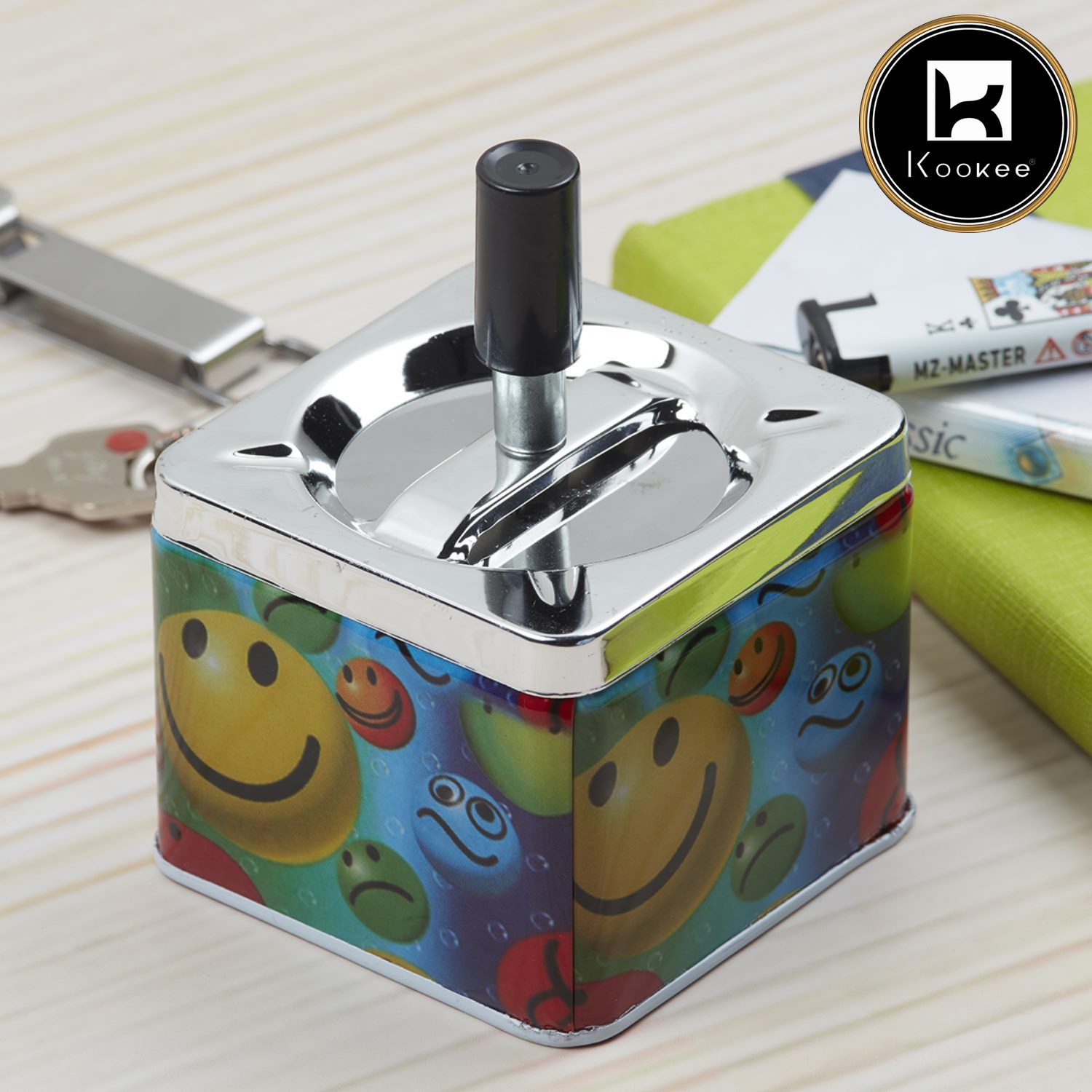 Smokeless Metal Tin Push Down Ashtray, Square, Smileys