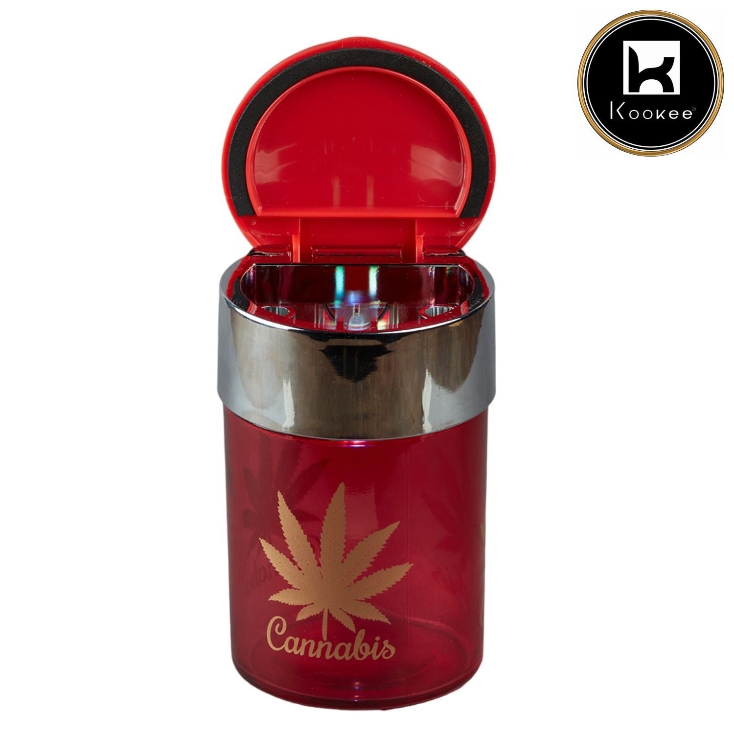 Glass Car Ashtray with LIght, Round, Red Cannabis (V-ASH-001-1)