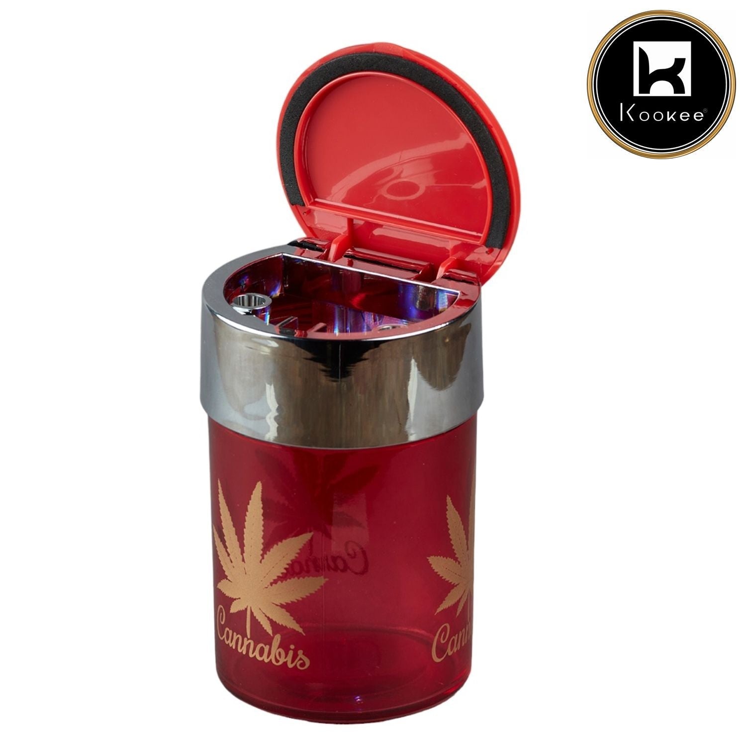 Kookee Glass Car Ashtray with LIght, Round, Red Cannabis (Diemeter: 6.5cm)