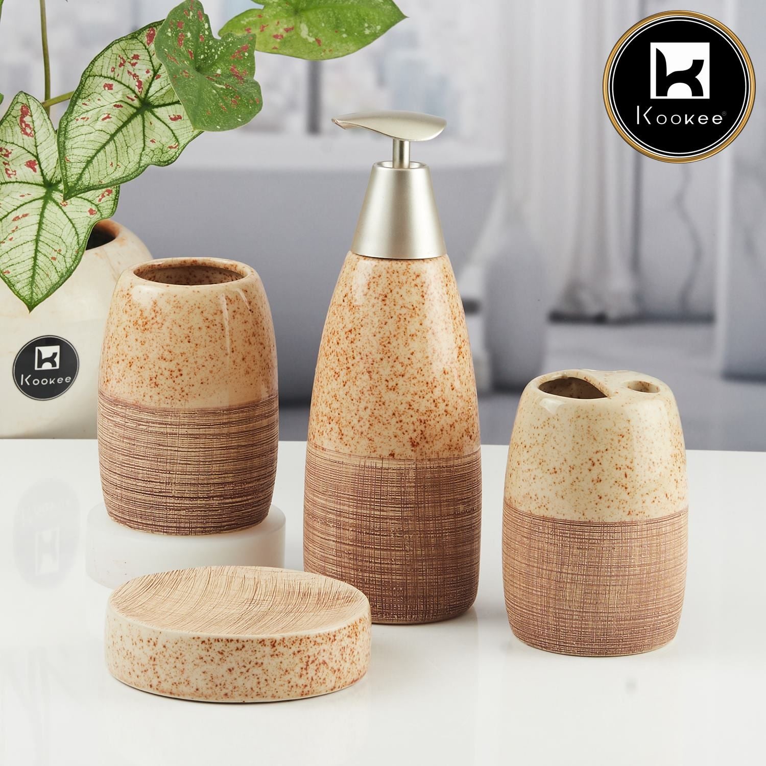 Ceramic Bathroom Accessories Set of 4 with Soap Dispenser (8806)