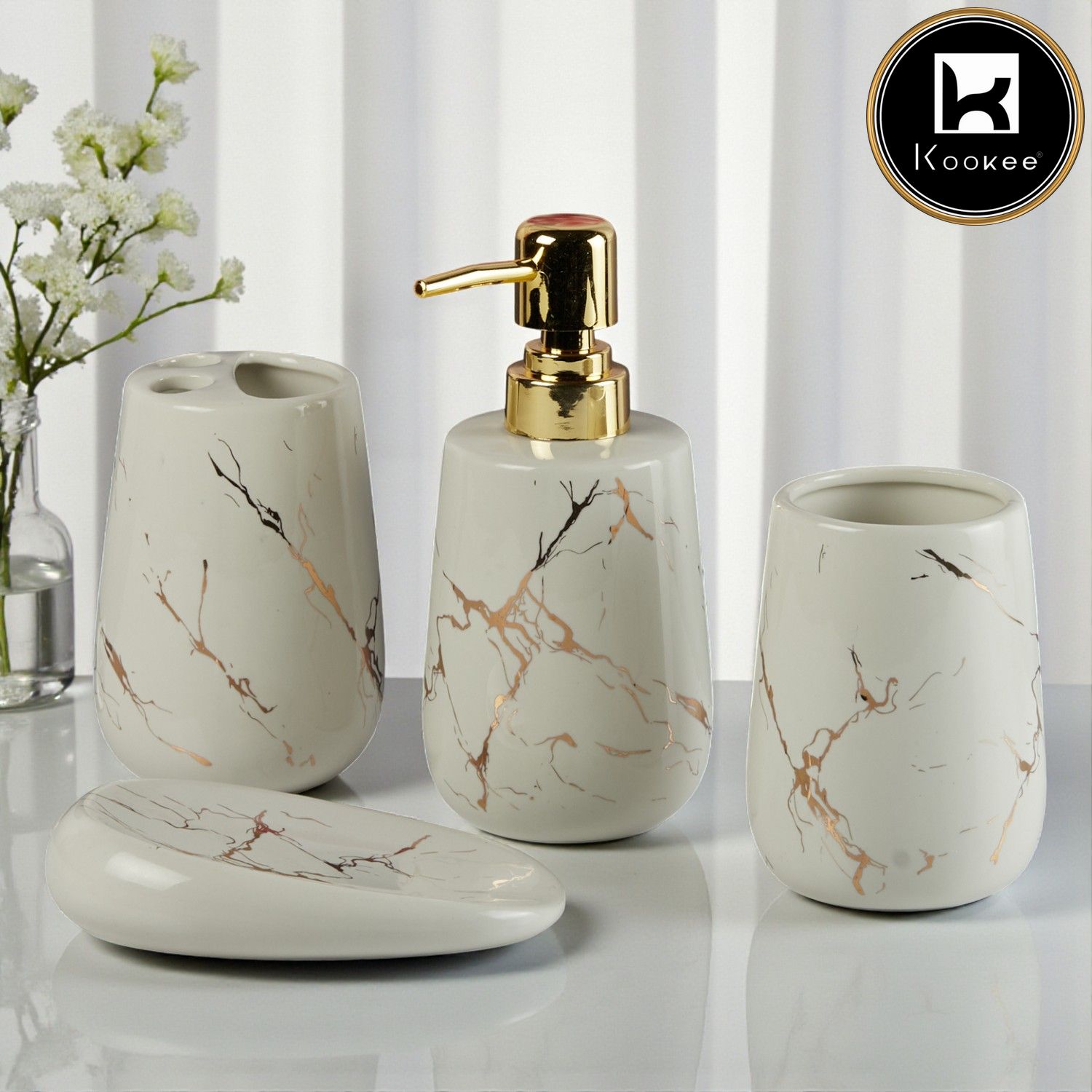 Ceramic Bathroom Accessories Set of 4 with Soap Dispenser (8842)