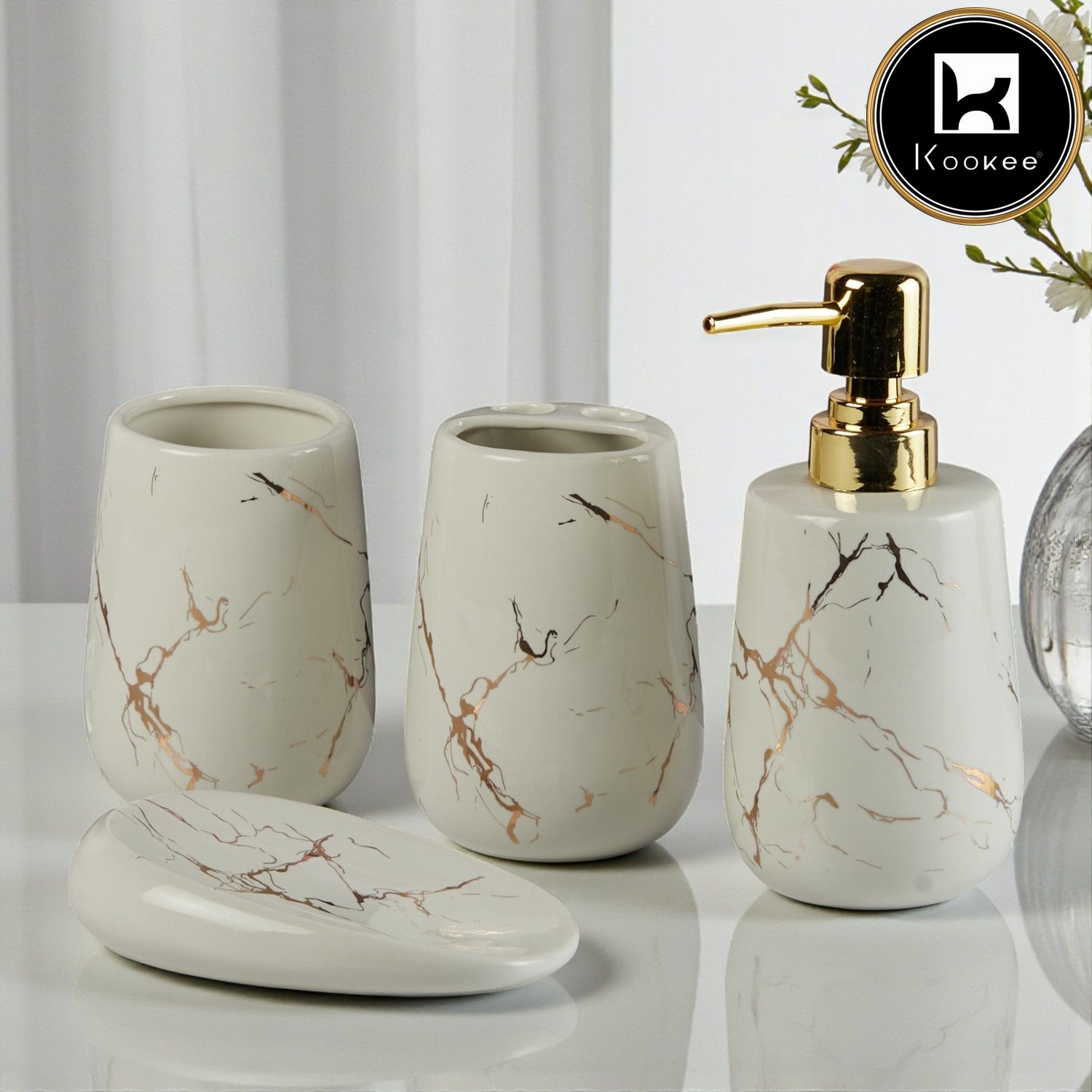 Ceramic Bathroom Accessories Set of 4 with Soap Dispenser (8842)