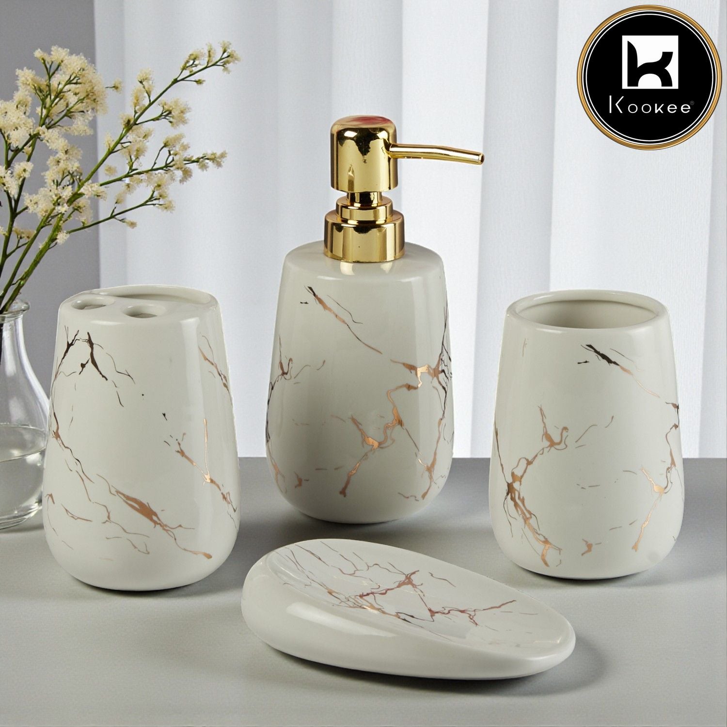 Ceramic Bathroom Accessories Set of 4 with Soap Dispenser (8842)