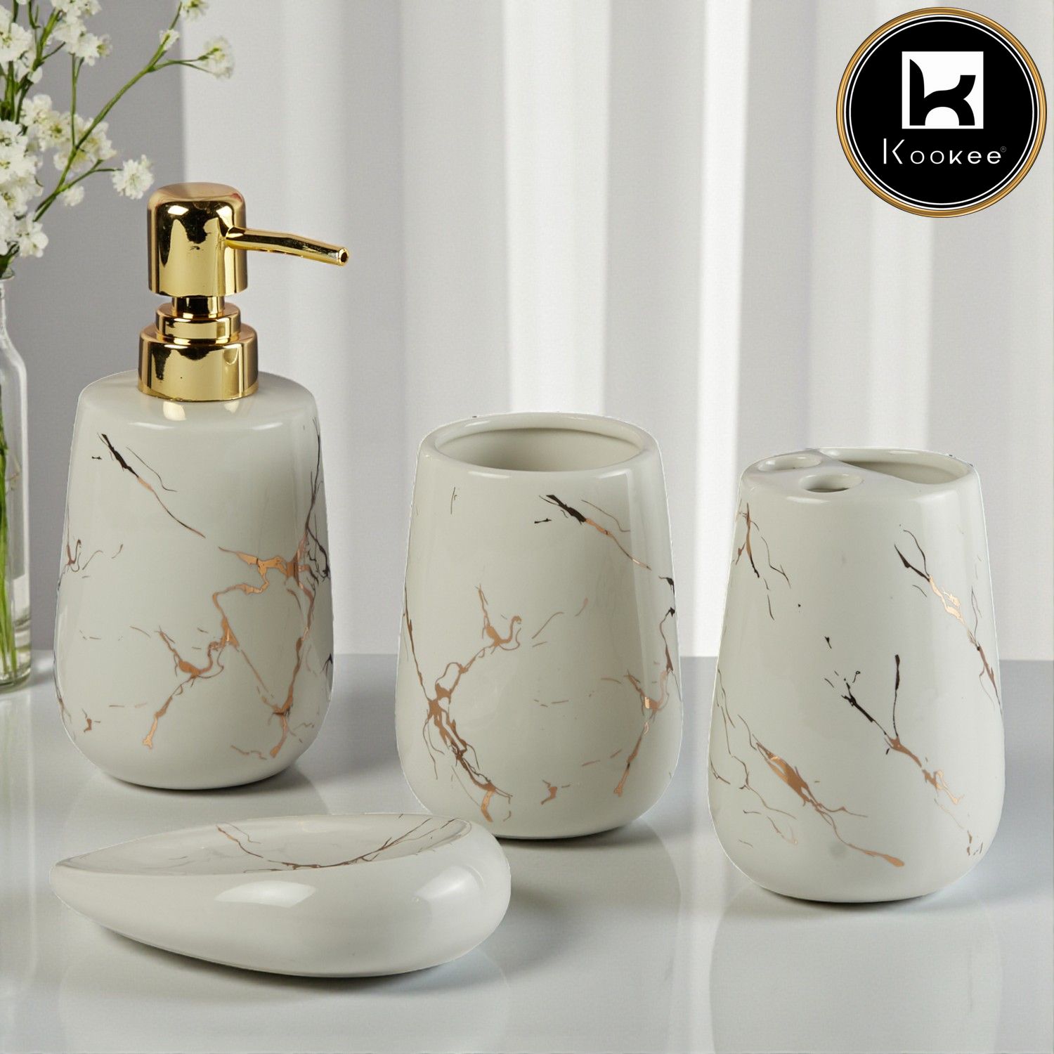 Ceramic Bathroom Accessories Set of 4 with Soap Dispenser (8842)