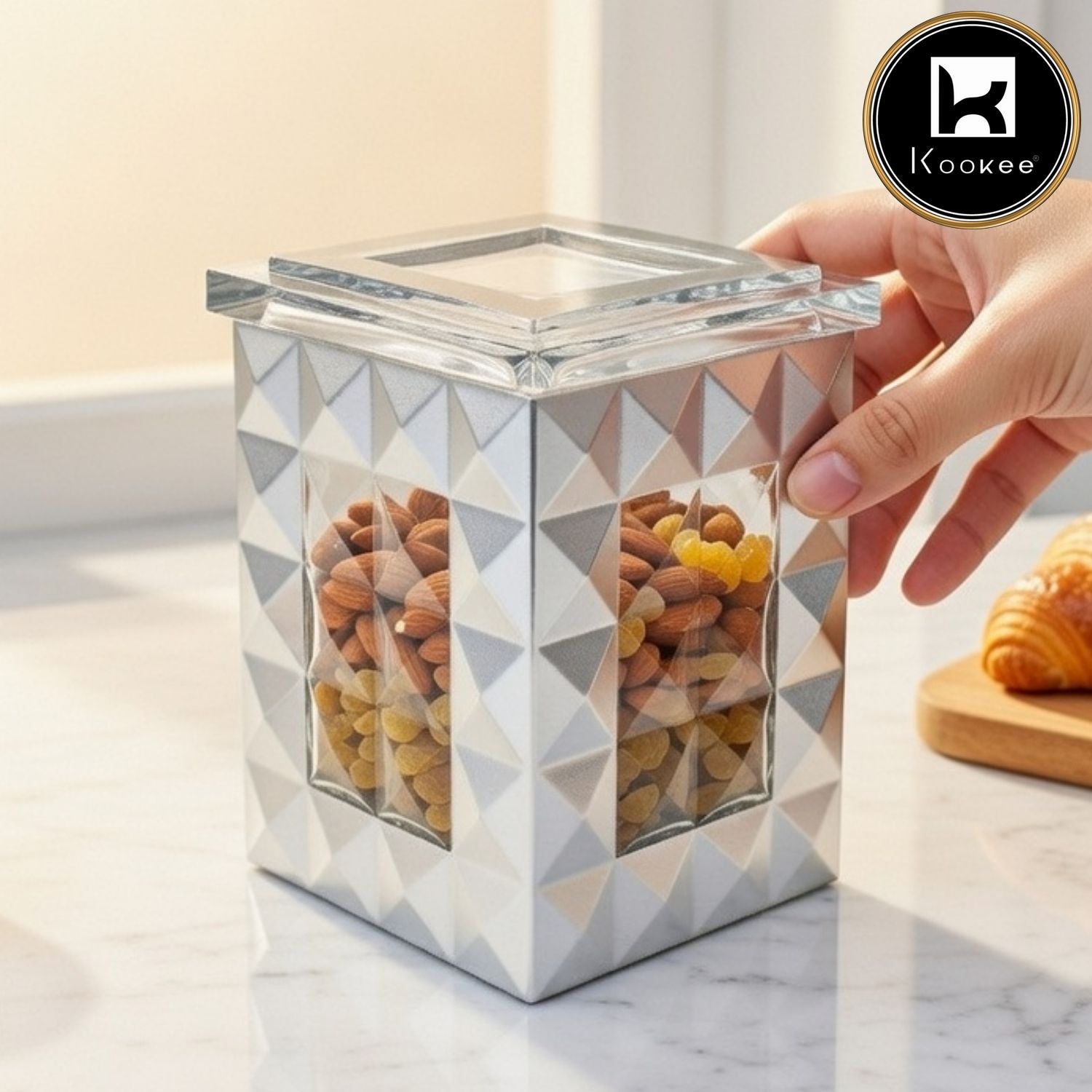 Kookee Acrylic Airtight Canister Jar & Container, Square, Silver (4x5 in) (8927)