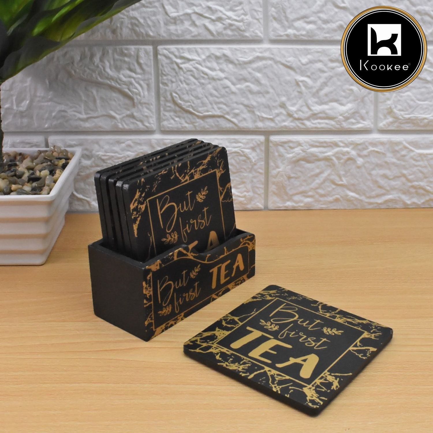Kookee Wooden Coasters Set of 6 with Holder, Square, Black Golded