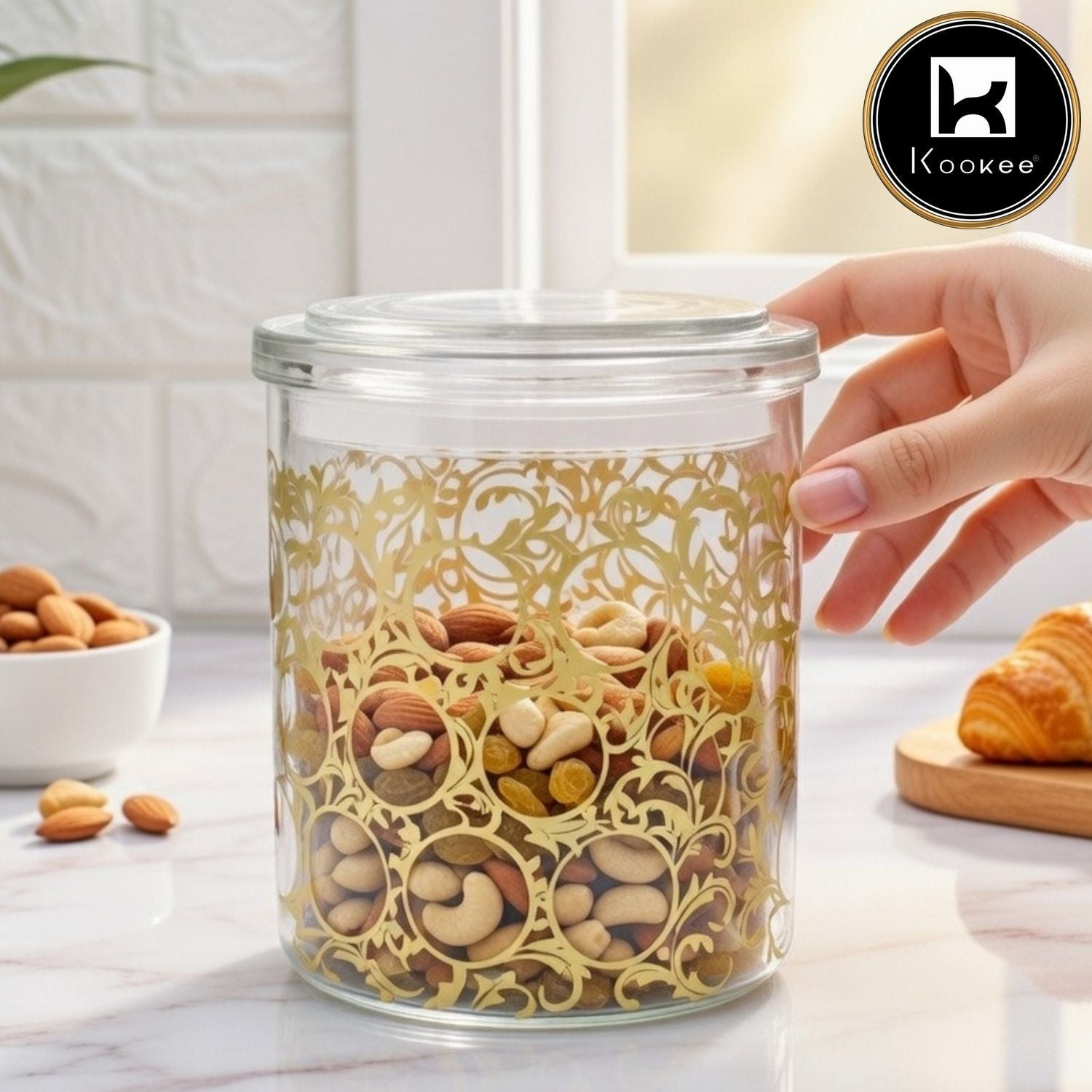 Kookee Acrylic Airtight Canister Jar & Container, Round, Gold (4x4.5 in) (8949)