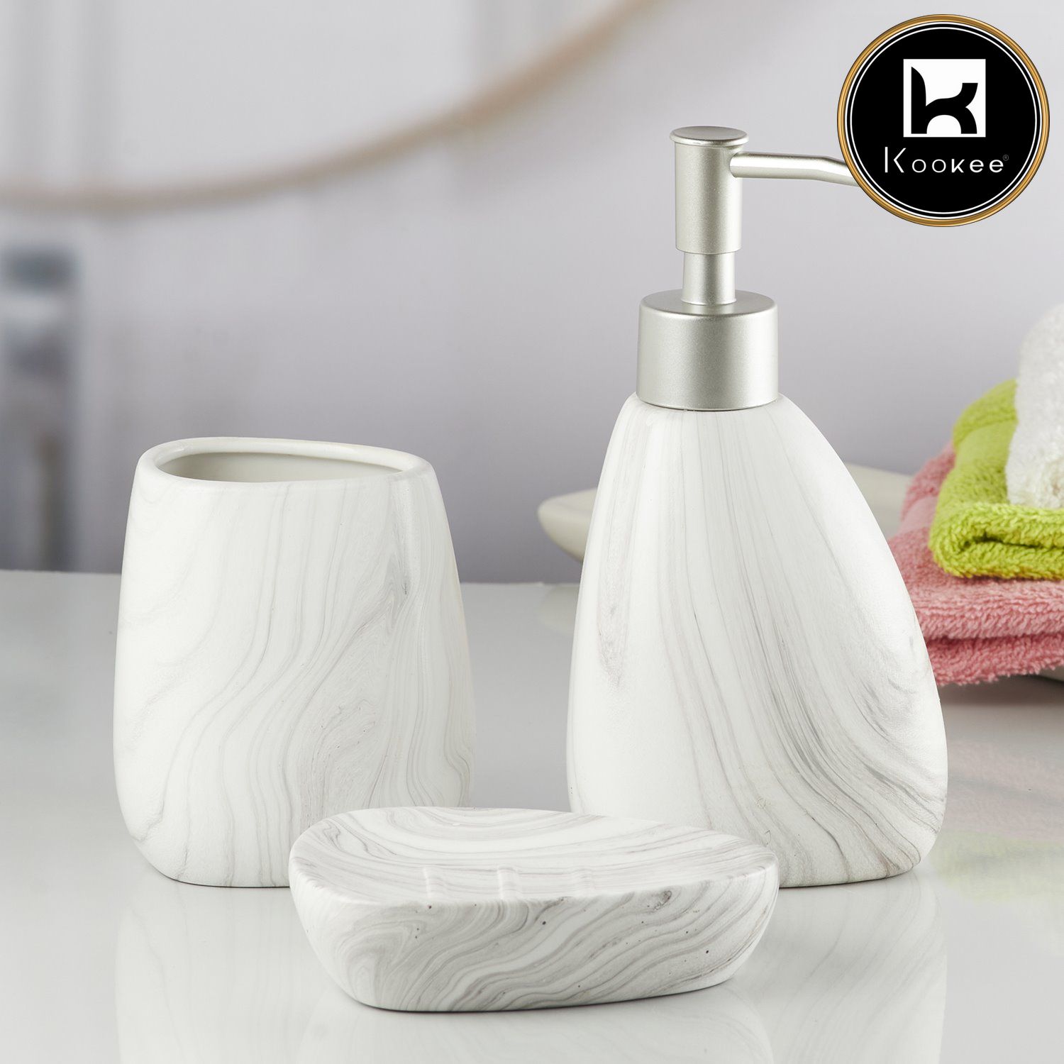 Kookee Ceramic Bathroom Accessories Set of 3, Modern Bath Set with Liquid handwash Soap Dispenser and Toothbrush holder, Luxury Gift Accessory for Home, Stone