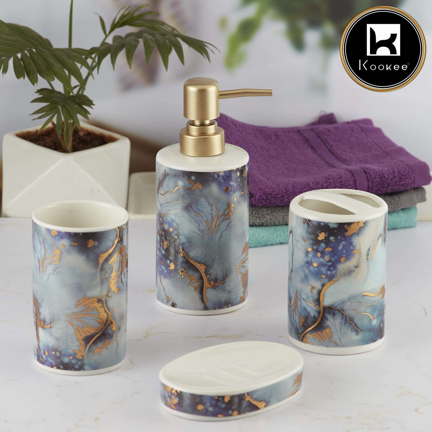 Ceramic Bathroom Set of 4 with Soap Dispenser (9594)