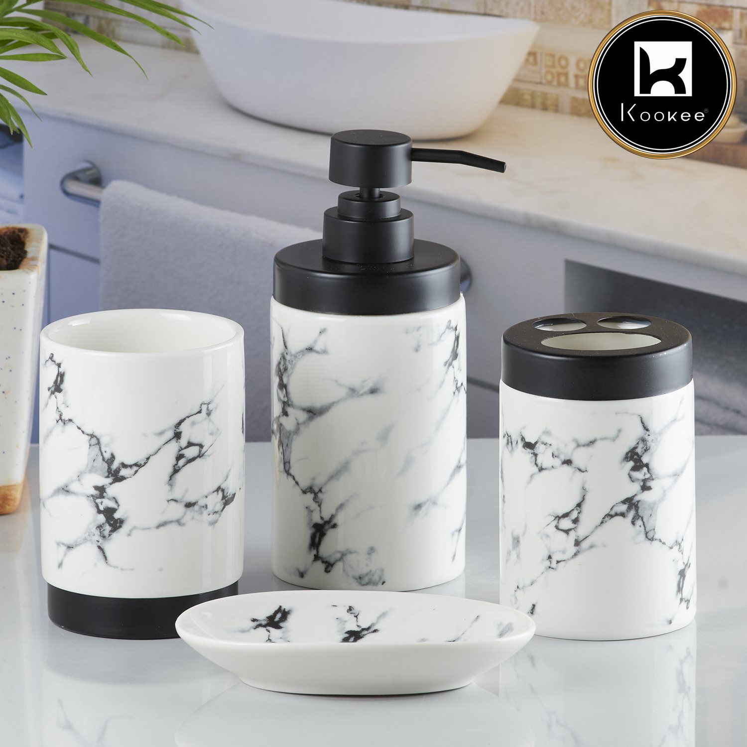 Ceramic Bathroom Set of 4 with Soap Dispenser (9598)