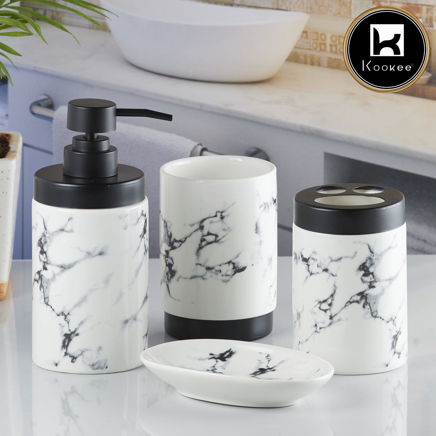 Ceramic Bathroom Set of 4 with Soap Dispenser (9598)