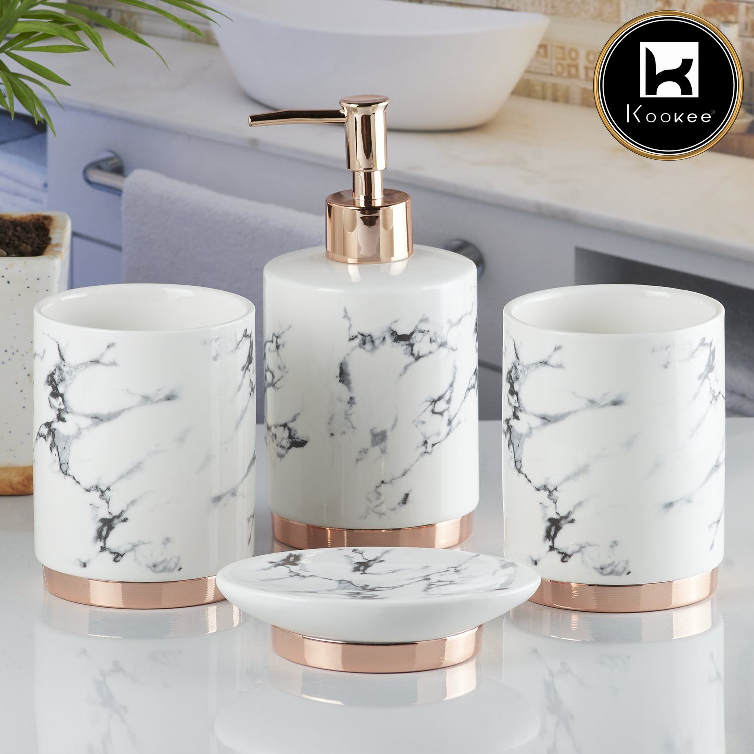 Ceramic Bathroom Set of 4 with Soap Dispenser (V-CBS-008-3)