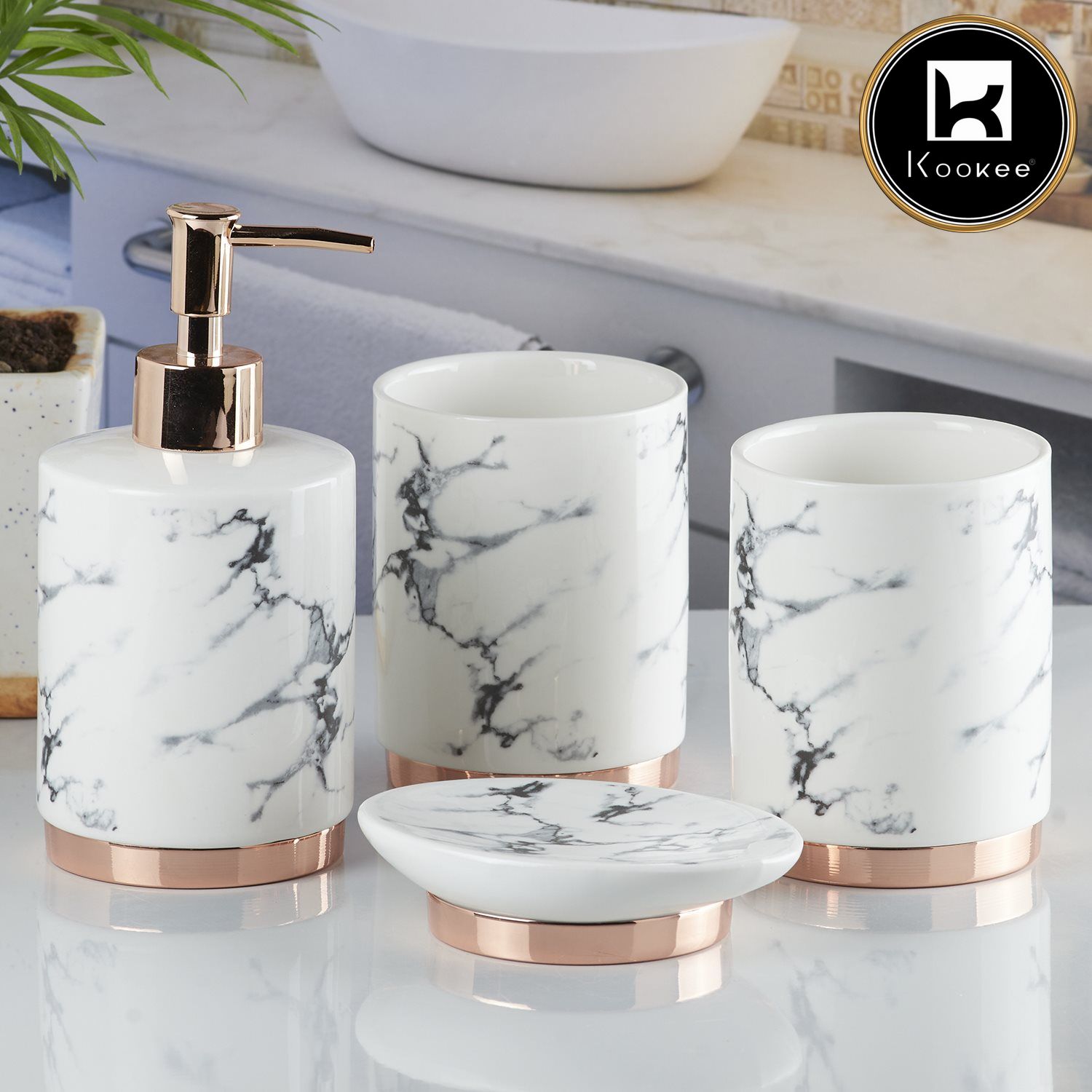 Kookee Ceramic Bathroom Accessories Set of 4, Modern Bath Set with Liquid handwash Soap Dispenser and Toothbrush holder, Luxury Gift Accessory for Home, White/Gold