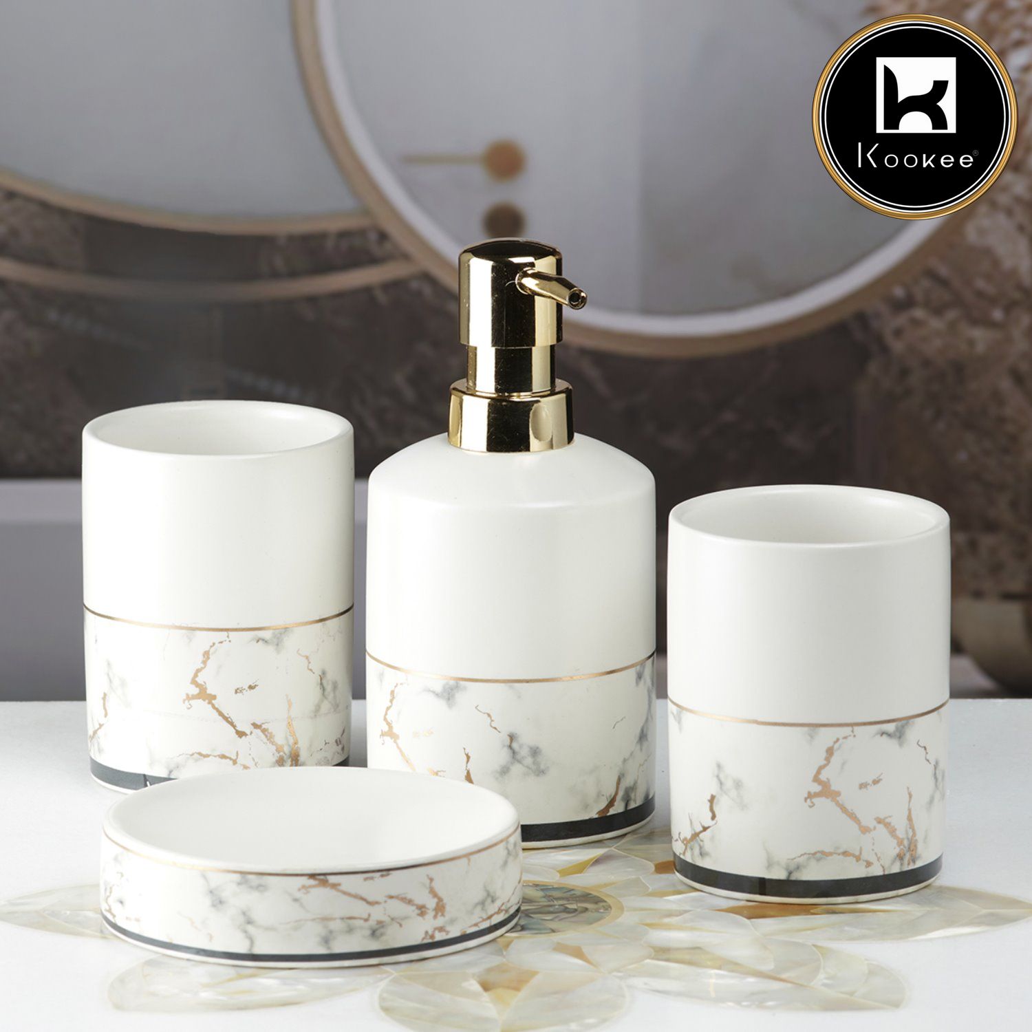 Ceramic Bathroom Accessories Set of 4 with Soap Dispenser (V-CBS-007-1)