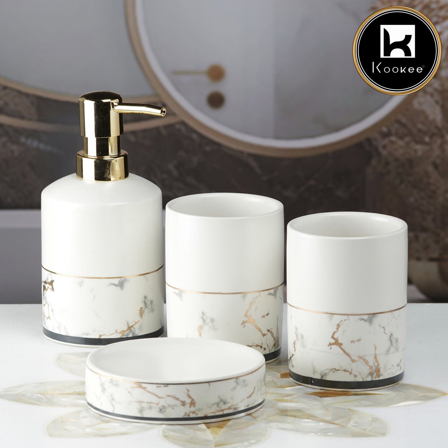 Kookee Ceramic Bathroom Accessories Set of 4, Modern Bath Set with Liquid handwash Soap Dispenser and Toothbrush holder, Luxury Gift Accessory for Home, White/Gold