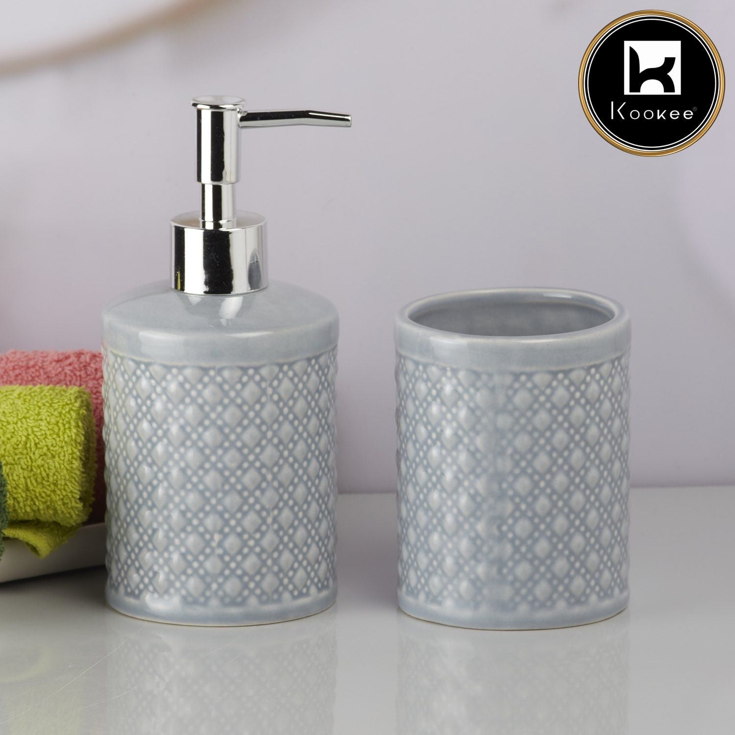 Kookee Ceramic Bathroom Accessories Set of 2, Modern Bath Set with Liquid handwash Soap Dispenser and Toothbrush holder, Luxury Gift Accessory for Home, Grey