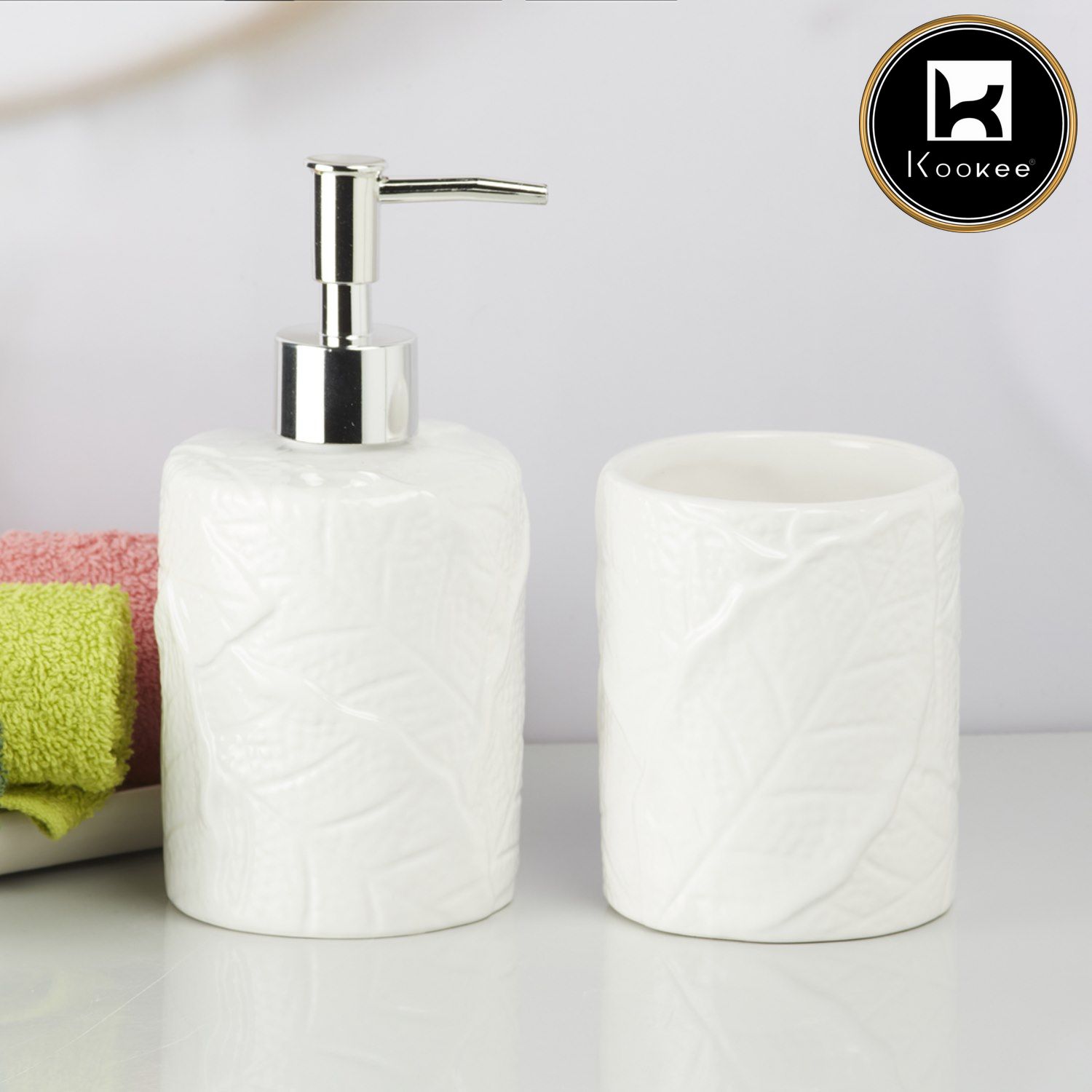 Kookee Ceramic Bathroom Accessories Set of 2, Modern Bath Set with Liquid handwash Soap Dispenser and Toothbrush holder, Luxury Gift Accessory for Home, White