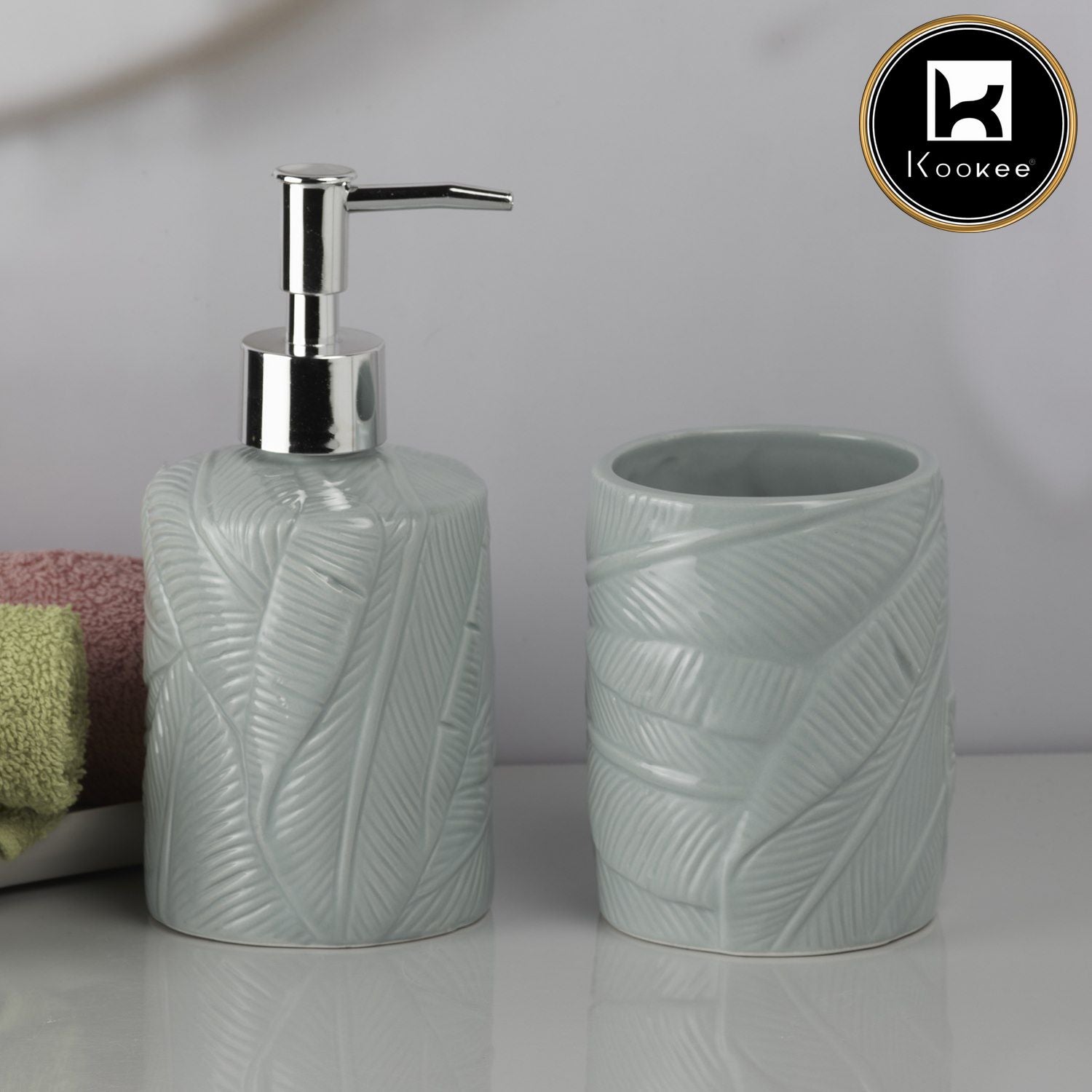 Kookee Ceramic Bathroom Accessories Set of 2, Modern Bath Set with Liquid handwash Soap Dispenser and Toothbrush holder, Luxury Gift Accessory for Home, Green