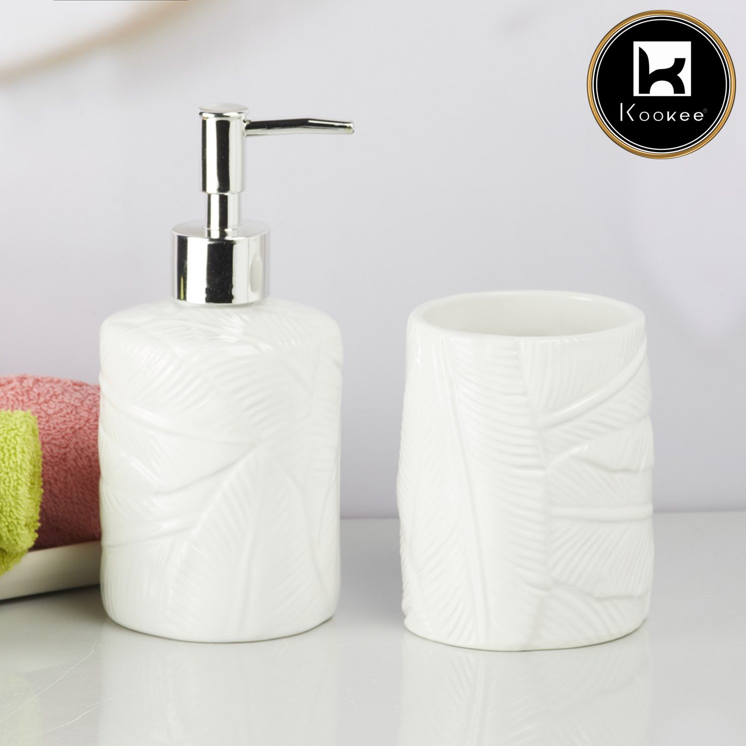 Kookee Ceramic Bathroom Accessories Set of 2, Modern Bath Set with Liquid handwash Soap Dispenser and Toothbrush holder, Luxury Gift Accessory for Home, White