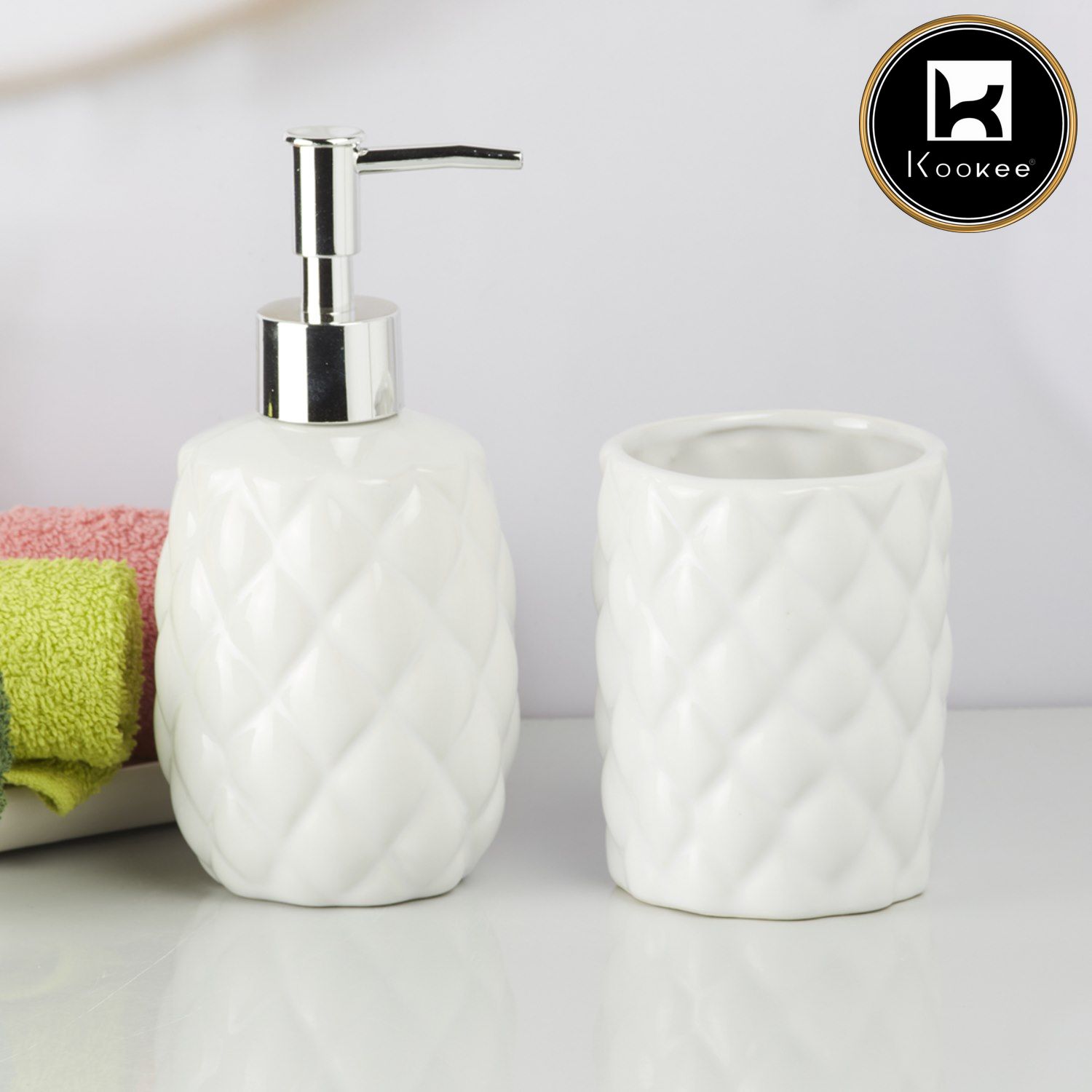 Kookee Ceramic Bathroom Accessories Set of 2, Modern Bath Set with Liquid handwash Soap Dispenser and Toothbrush holder, Luxury Gift Accessory for Home, White