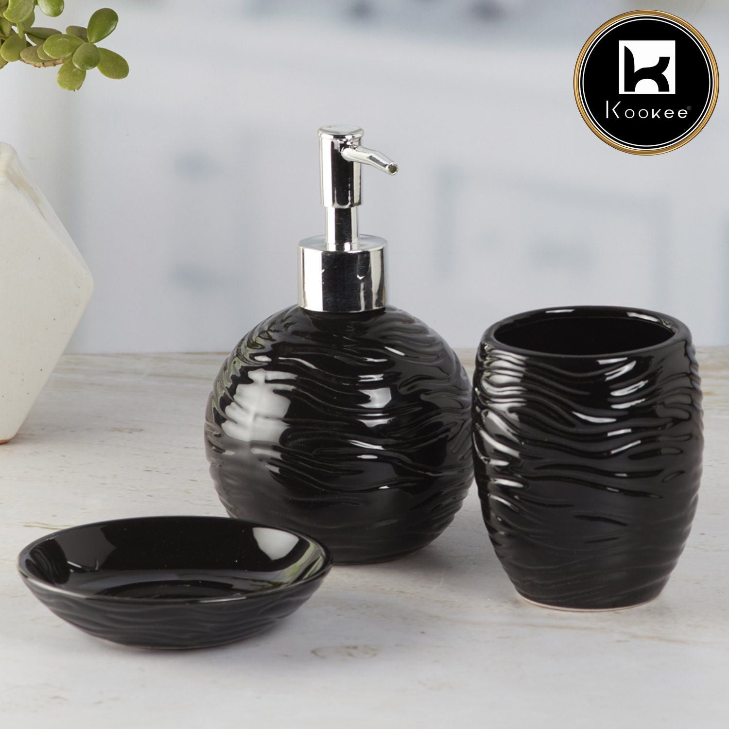 Kookee Ceramic Bathroom Accessories Set of 3, Modern Bath Set with Liquid handwash Soap Dispenser and Toothbrush holder, Luxury Gift Accessory for Home, Black