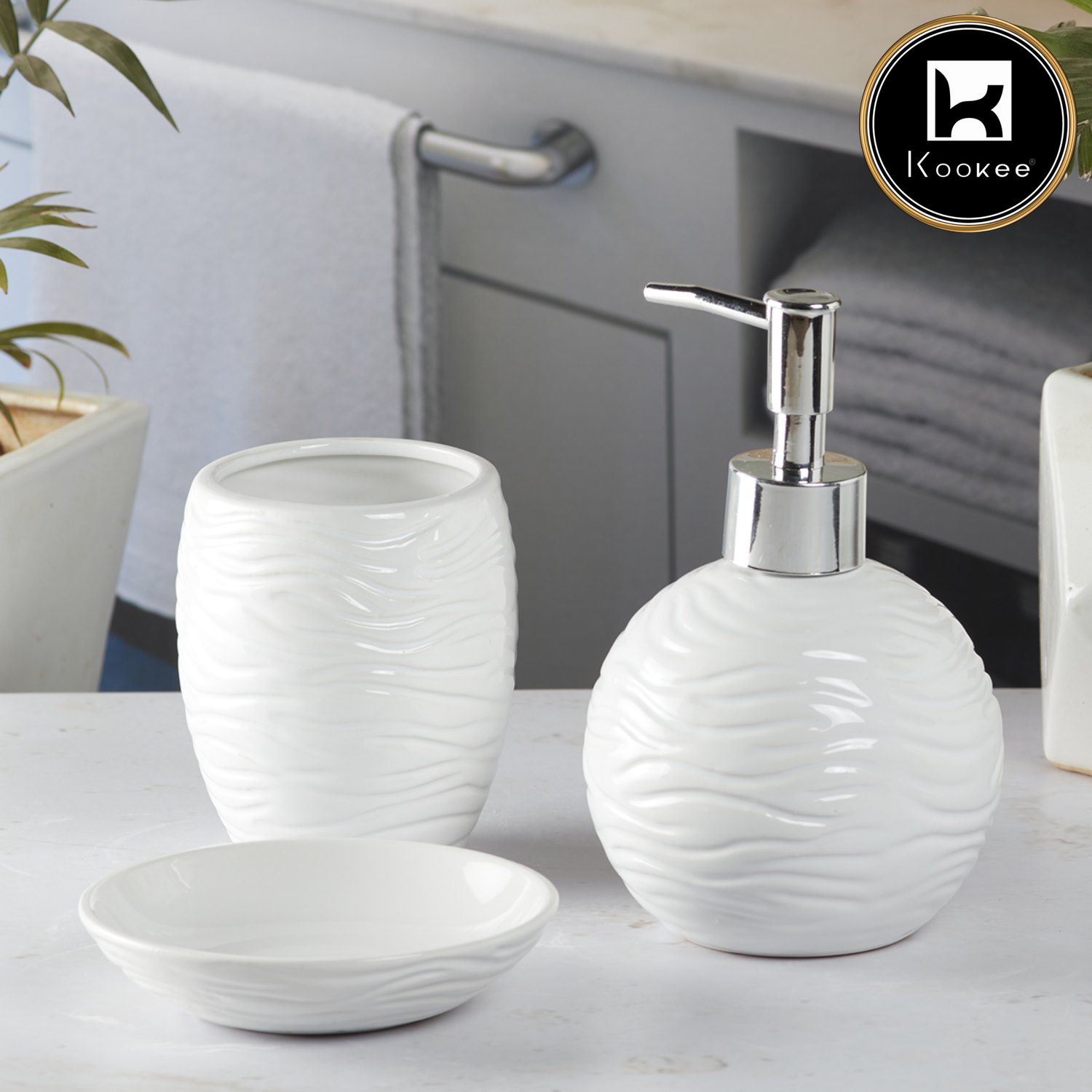 Ceramic Bathroom Accessories Set of 3 with Soap Dispenser (9618)