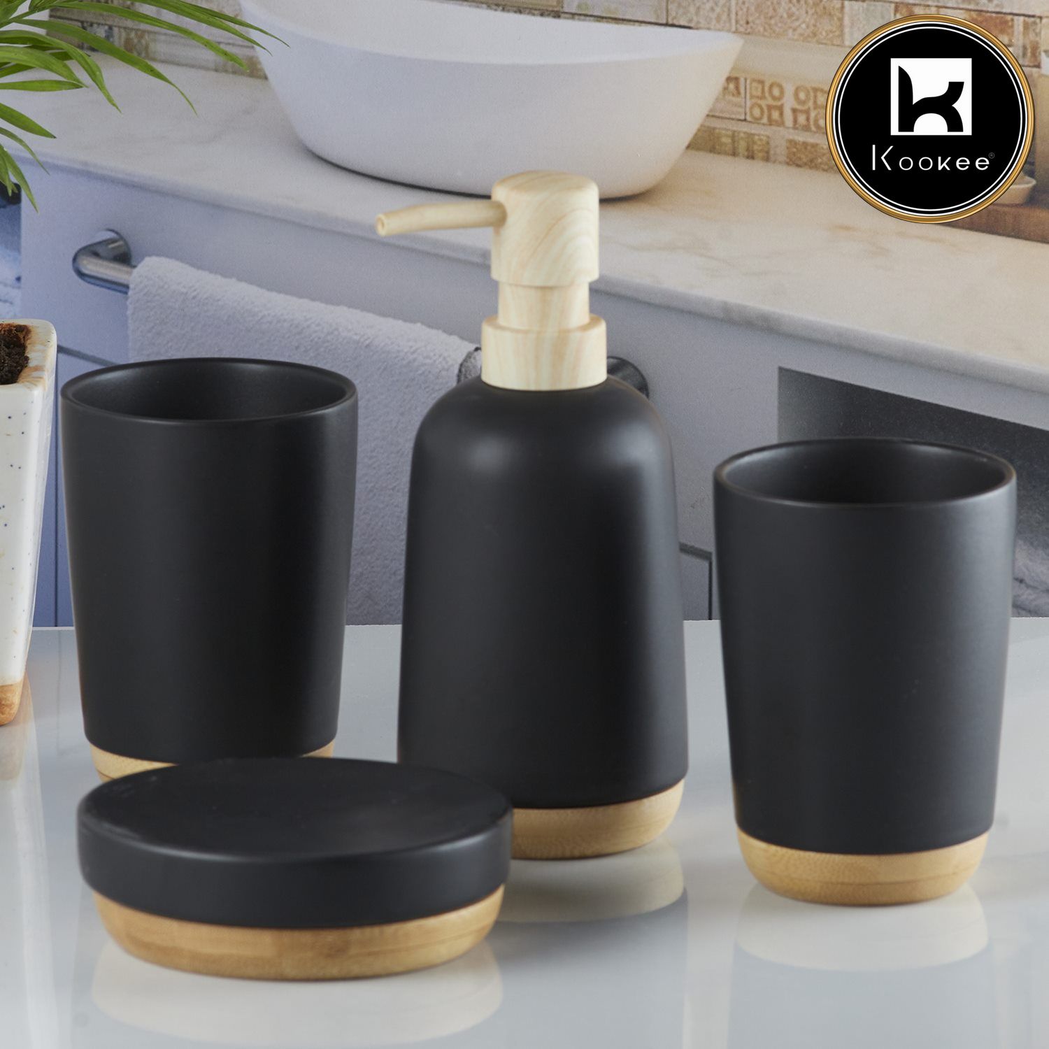 Ceramic Bathroom Accessories Set of 4 with Soap Dispenser (9619)