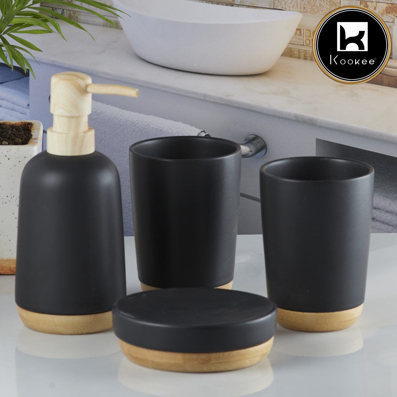 Kookee Ceramic Bathroom Accessories Set of 4, Modern Bath Set with Liquid handwash Soap Dispenser and Toothbrush holder, Luxury Gift Accessory for Home, Black