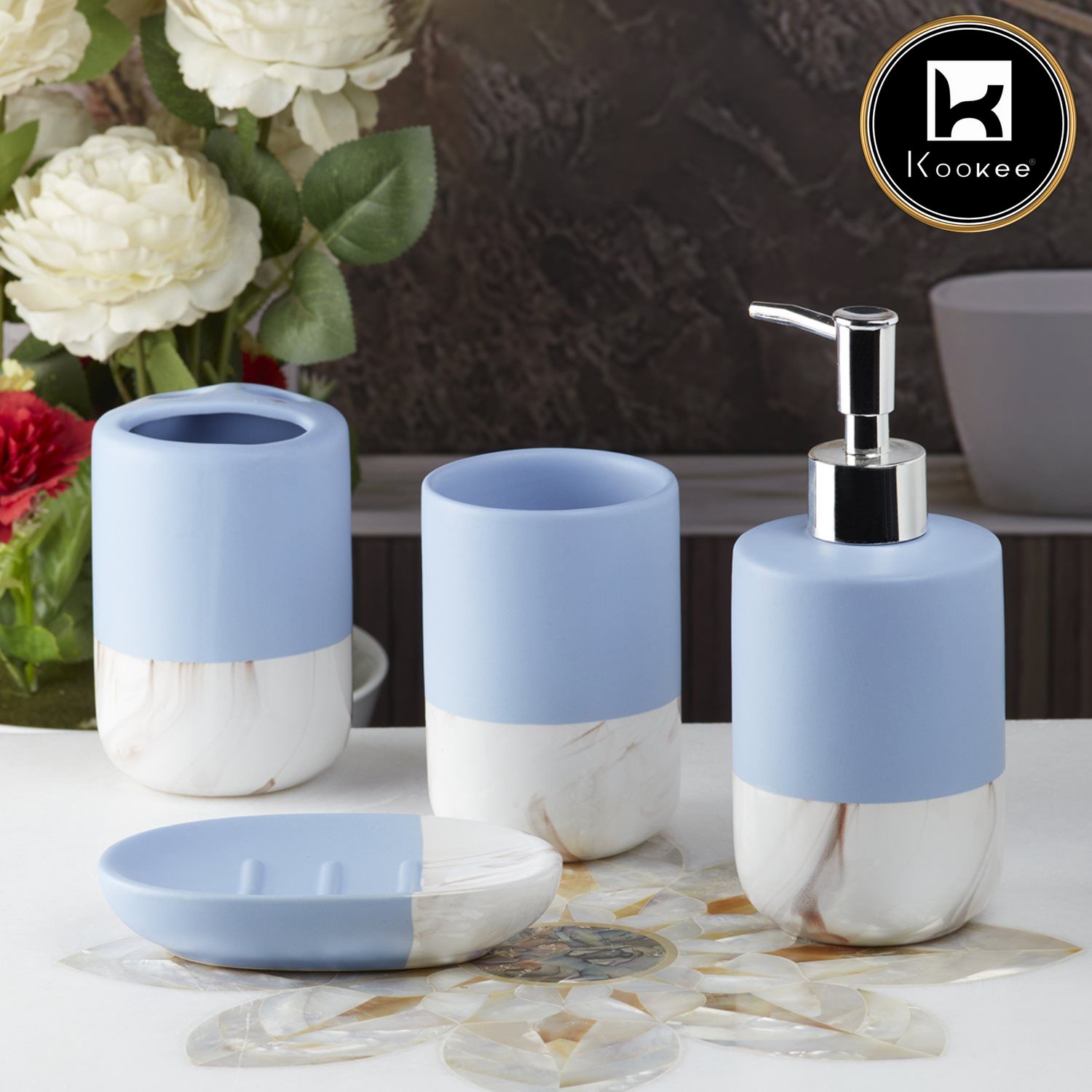 Ceramic Bathroom Set of 4 with Soap Dispenser (9621)