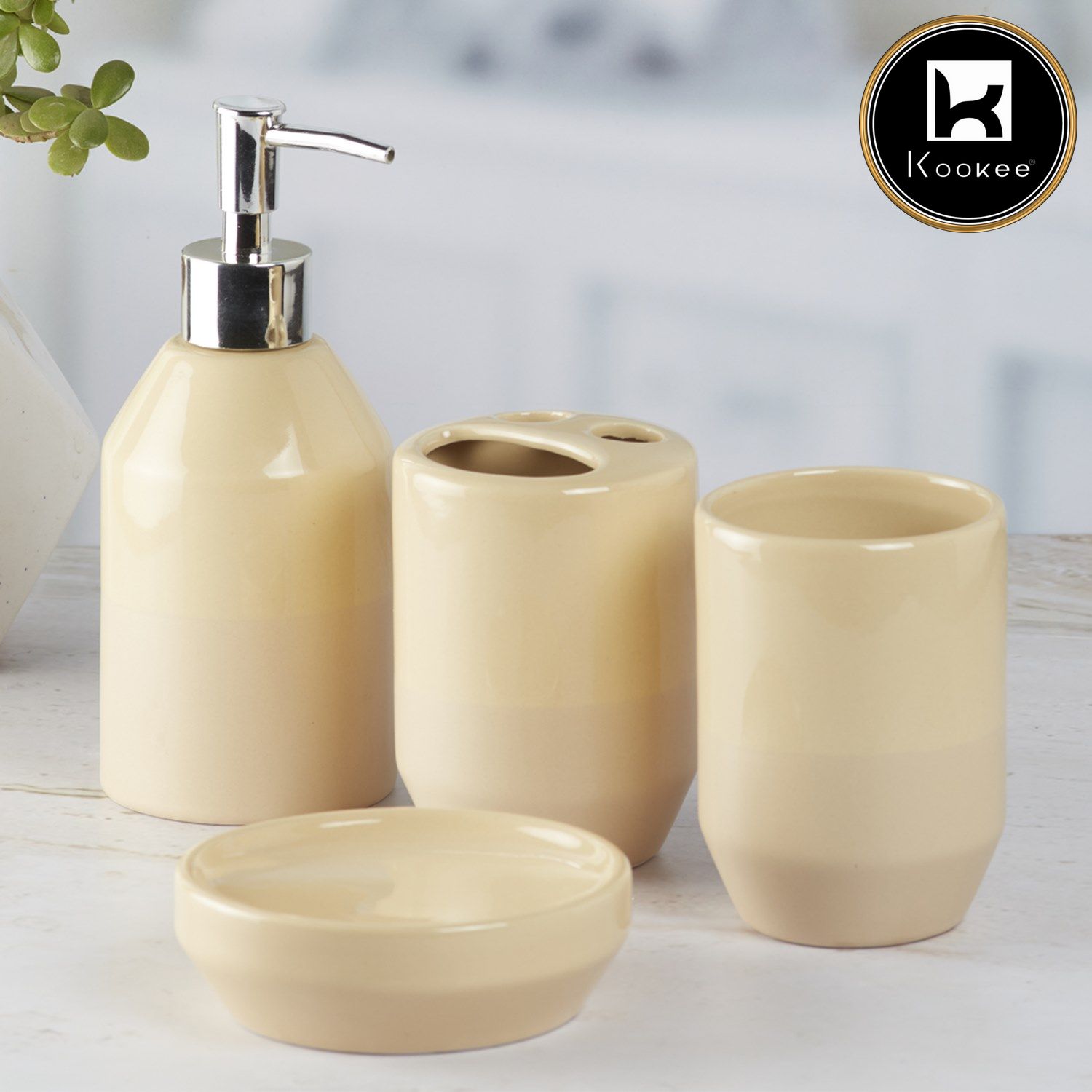 Kookee Ceramic Bathroom Accessories Set of 4, Modern Bath Set with Liquid handwash Soap Dispenser and Toothbrush holder, Luxury Gift Accessory for Home, Beige