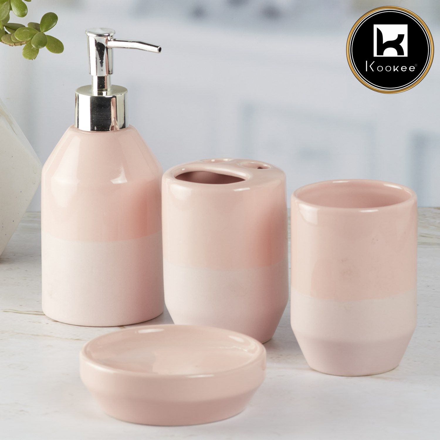 Kookee Ceramic Bathroom Accessories Set of 4, Modern Bath Set with Liquid handwash Soap Dispenser and Toothbrush holder, Luxury Gift Accessory for Home, Pink