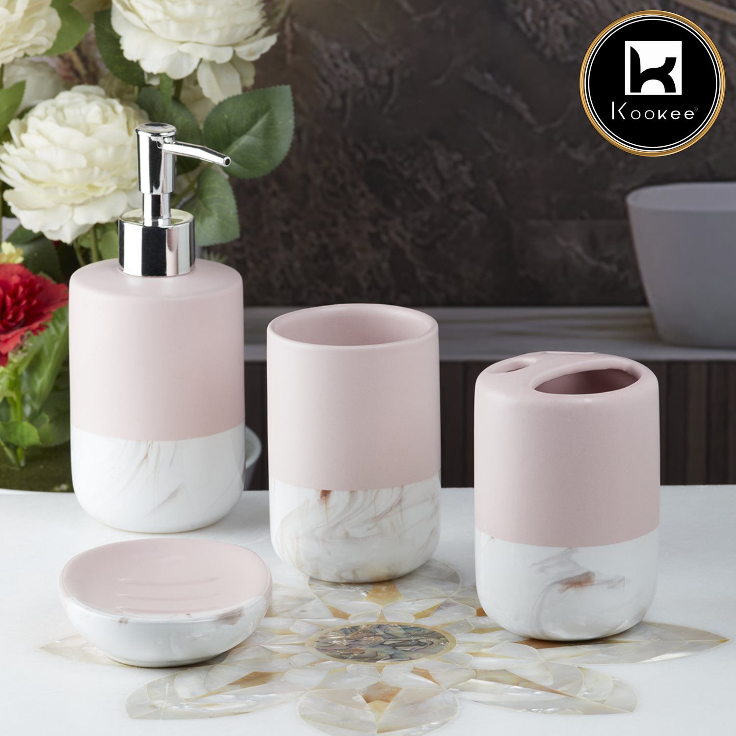 Ceramic Bathroom Set of 4 with Soap Dispenser (9634)