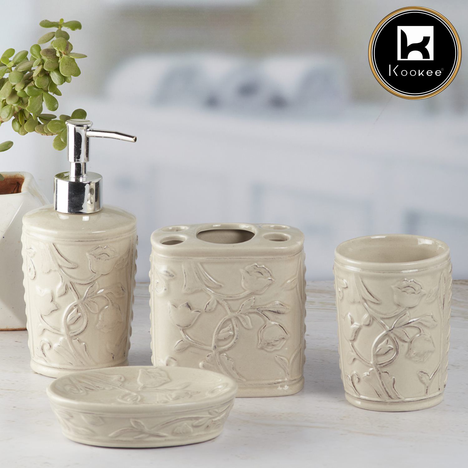 Ceramic Bathroom Set of 4 with Soap Dispenser (9635)