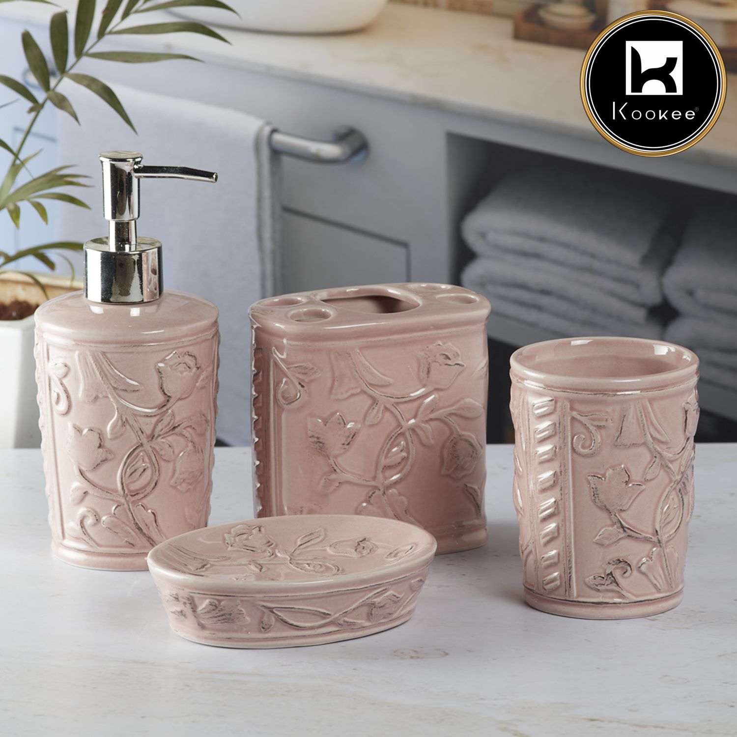 Kookee Ceramic Bathroom Sets, Pink, ART09636