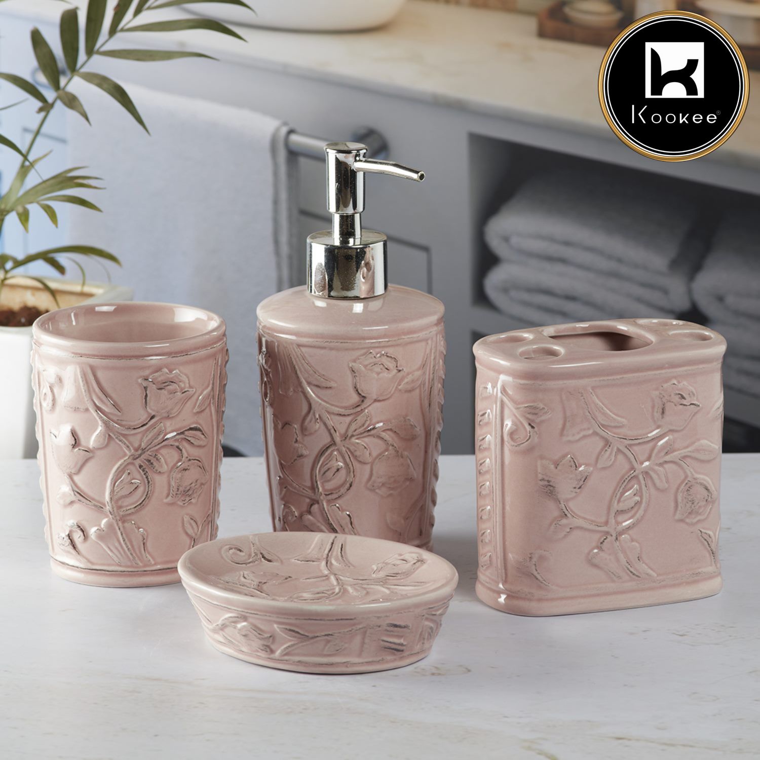 Kookee Ceramic Bathroom Sets, Pink, ART09636