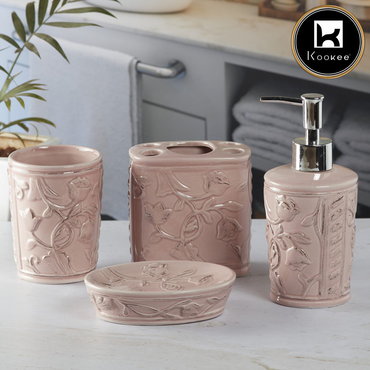 Kookee Ceramic Bathroom Sets, Pink, ART09636
