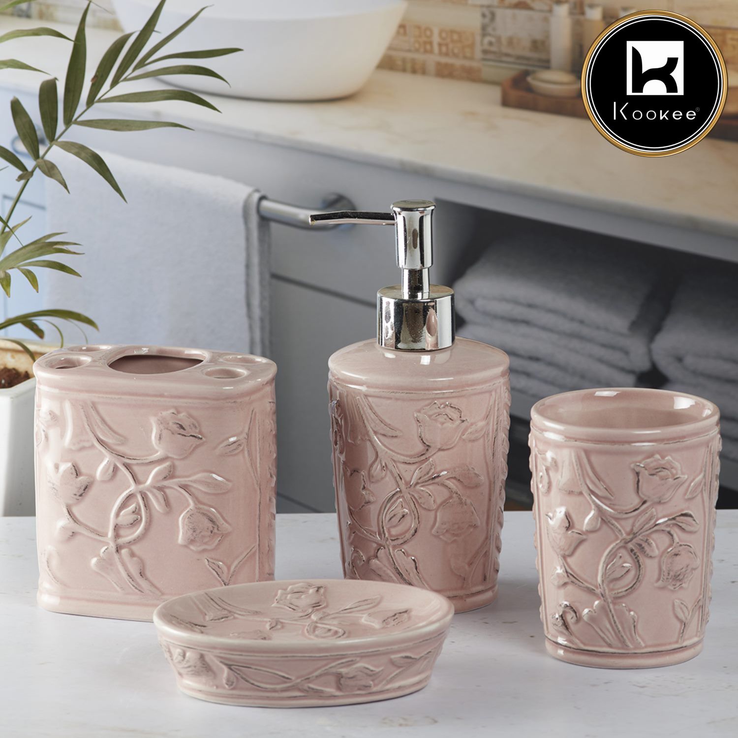 Kookee Ceramic Bathroom Sets, Pink, ART09636