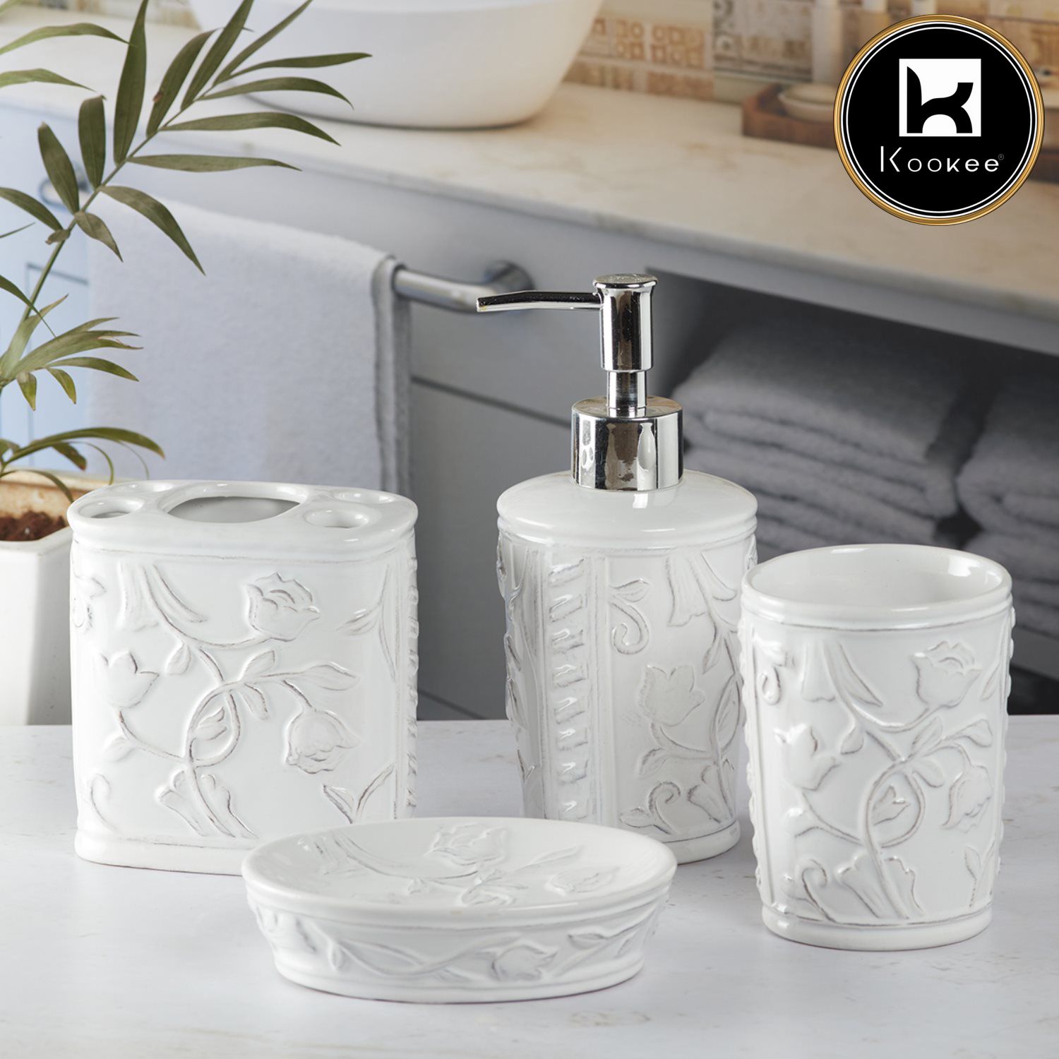 Ceramic Bathroom Set of 4 with Soap Dispenser (9637)