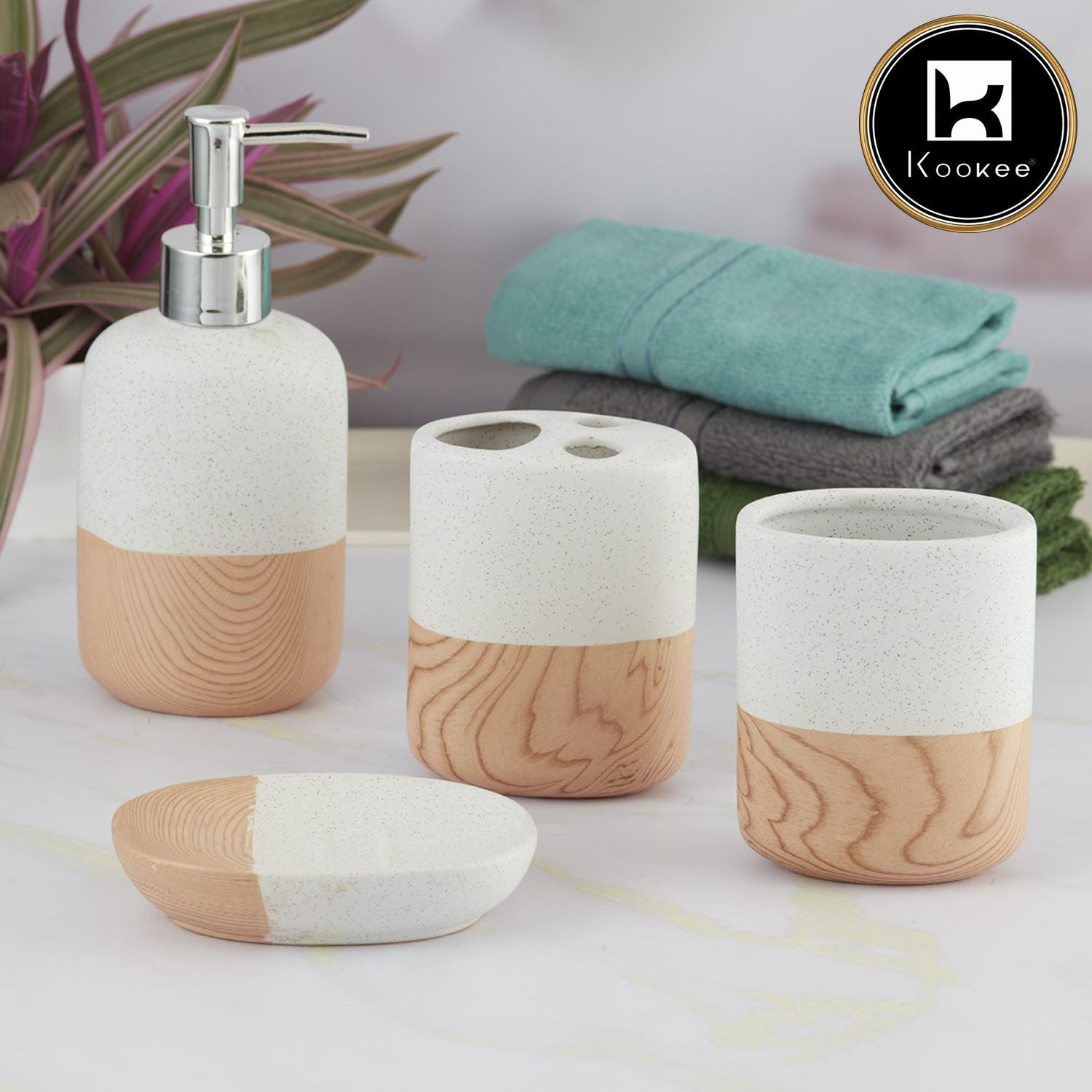 Kookee Ceramic Bathroom Accessories Set of 4, Modern Bath Set with Liquid handwash Soap Dispenser and Toothbrush holder, Luxury Gift Accessory for Home, White/Beige