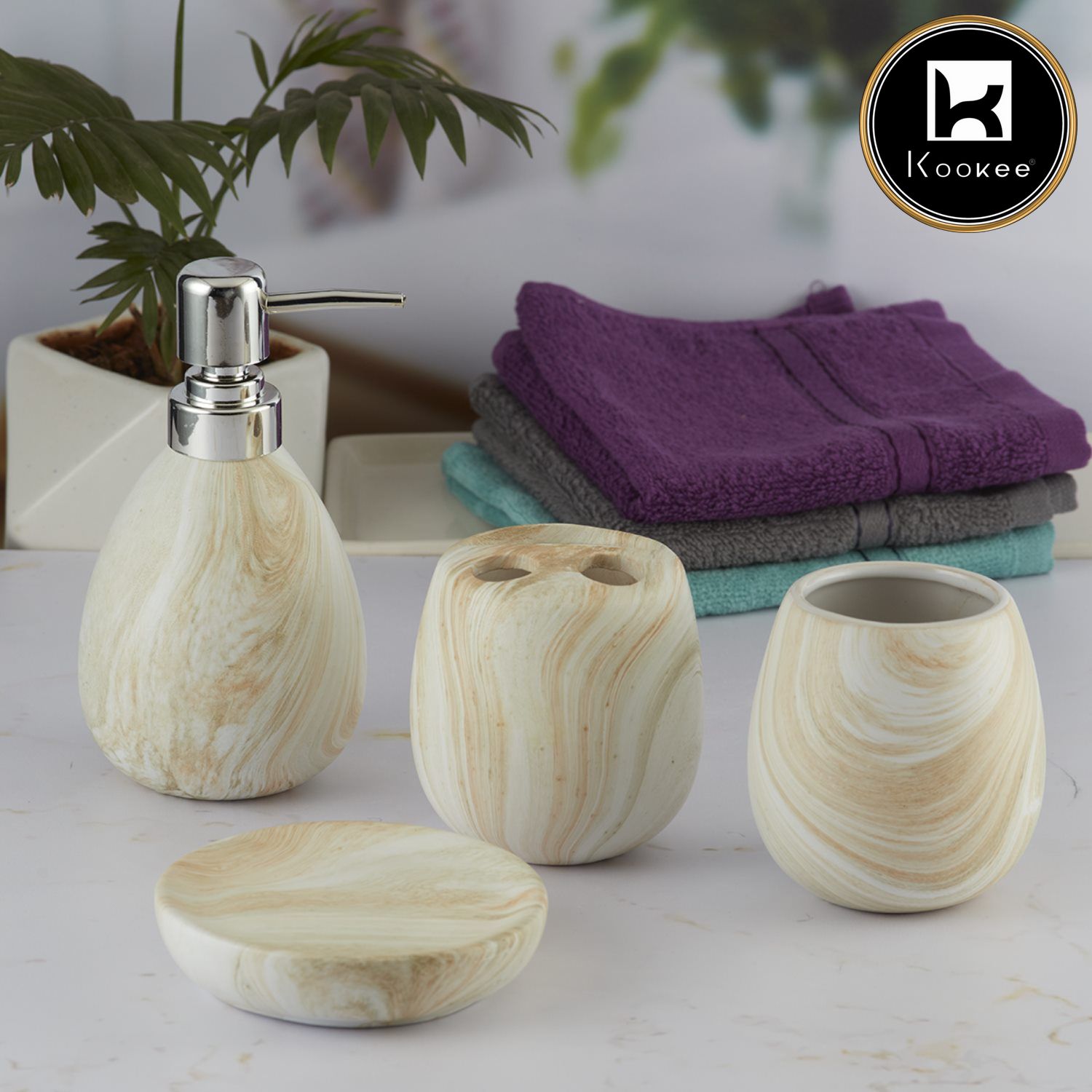 Kookee Ceramic Bathroom Accessories Set of 4, Modern Bath Set with Liquid handwash Soap Dispenser and Toothbrush holder, Luxury Gift Accessory for Home, Stone