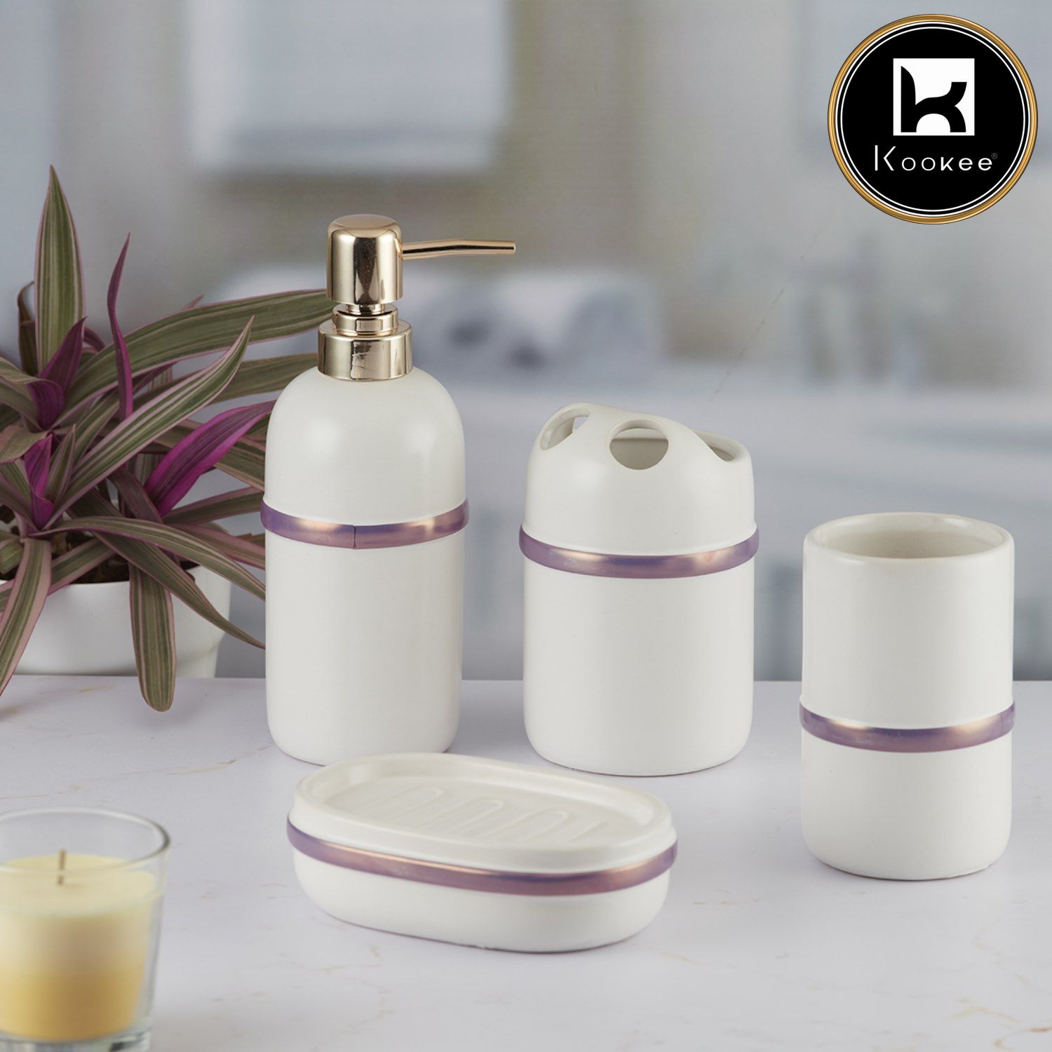 Kookee Ceramic Bathroom Accessories Set of 4, Modern Bath Set with Liquid handwash Soap Dispenser and Toothbrush holder, Luxury Gift Accessory for Home, White/Purple