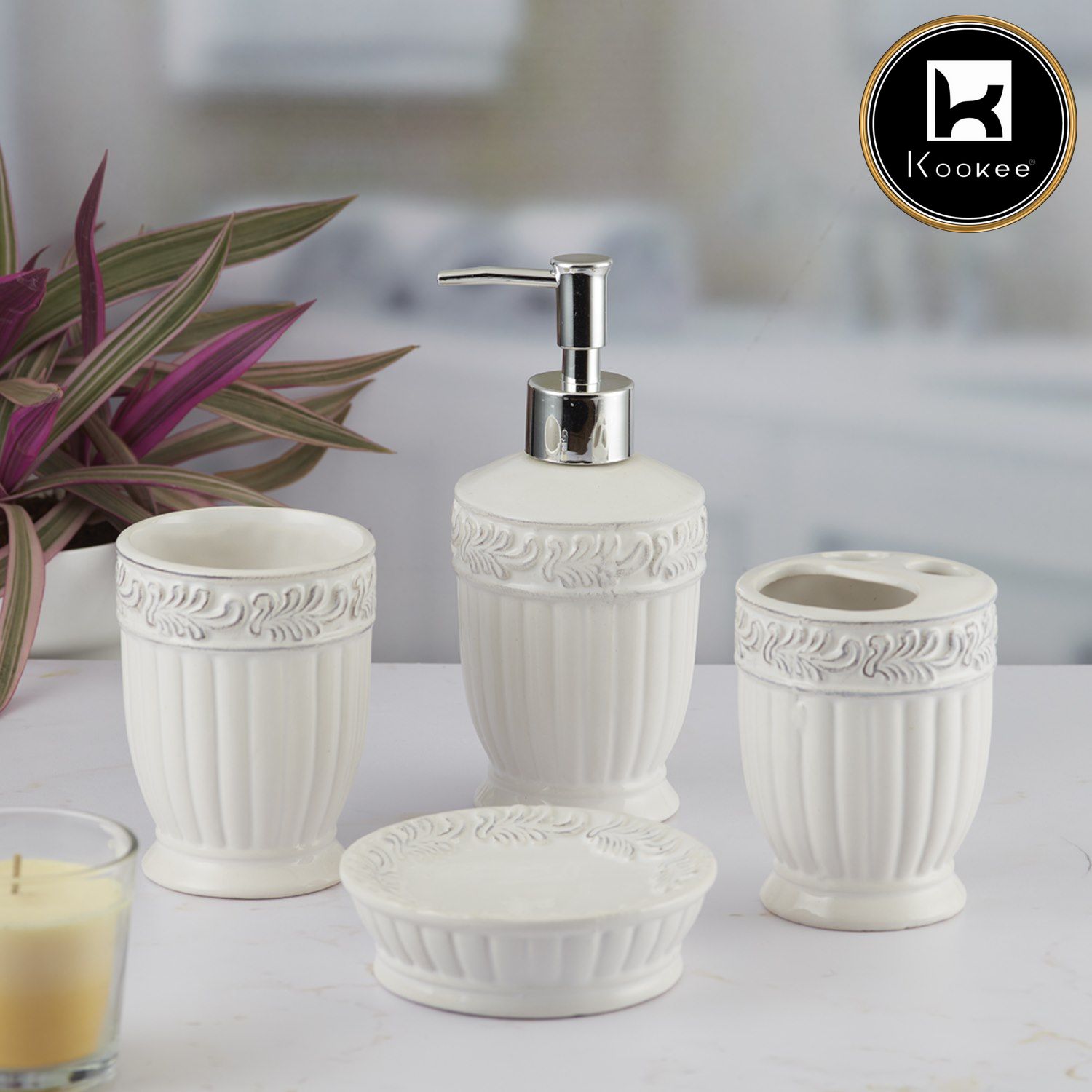 Ceramic Bathroom Set of 4 with Soap Dispenser (9645)