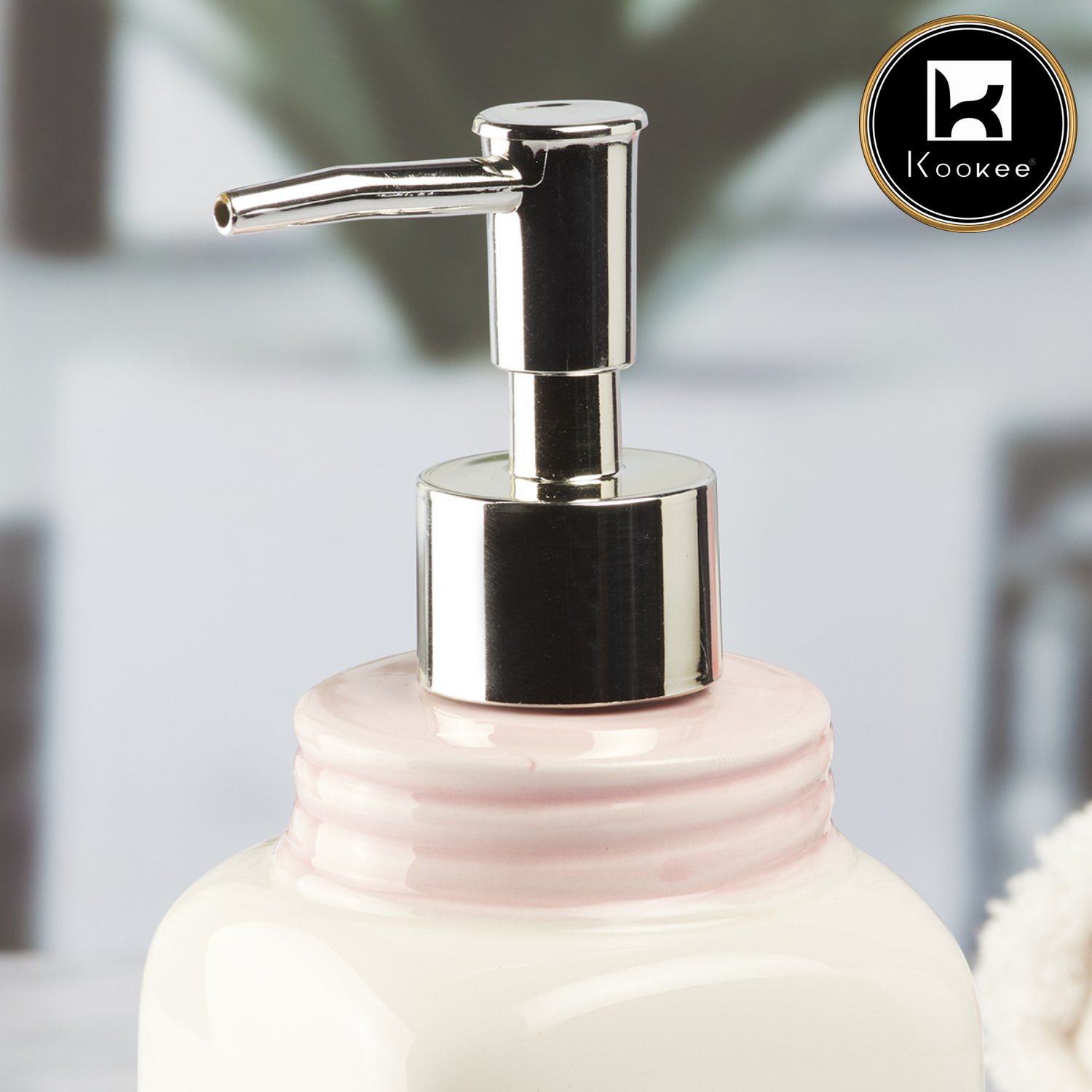 Ceramic Soap Dispenser for handwash for Bathroom, White/Pink, (Set of 1) (9648)